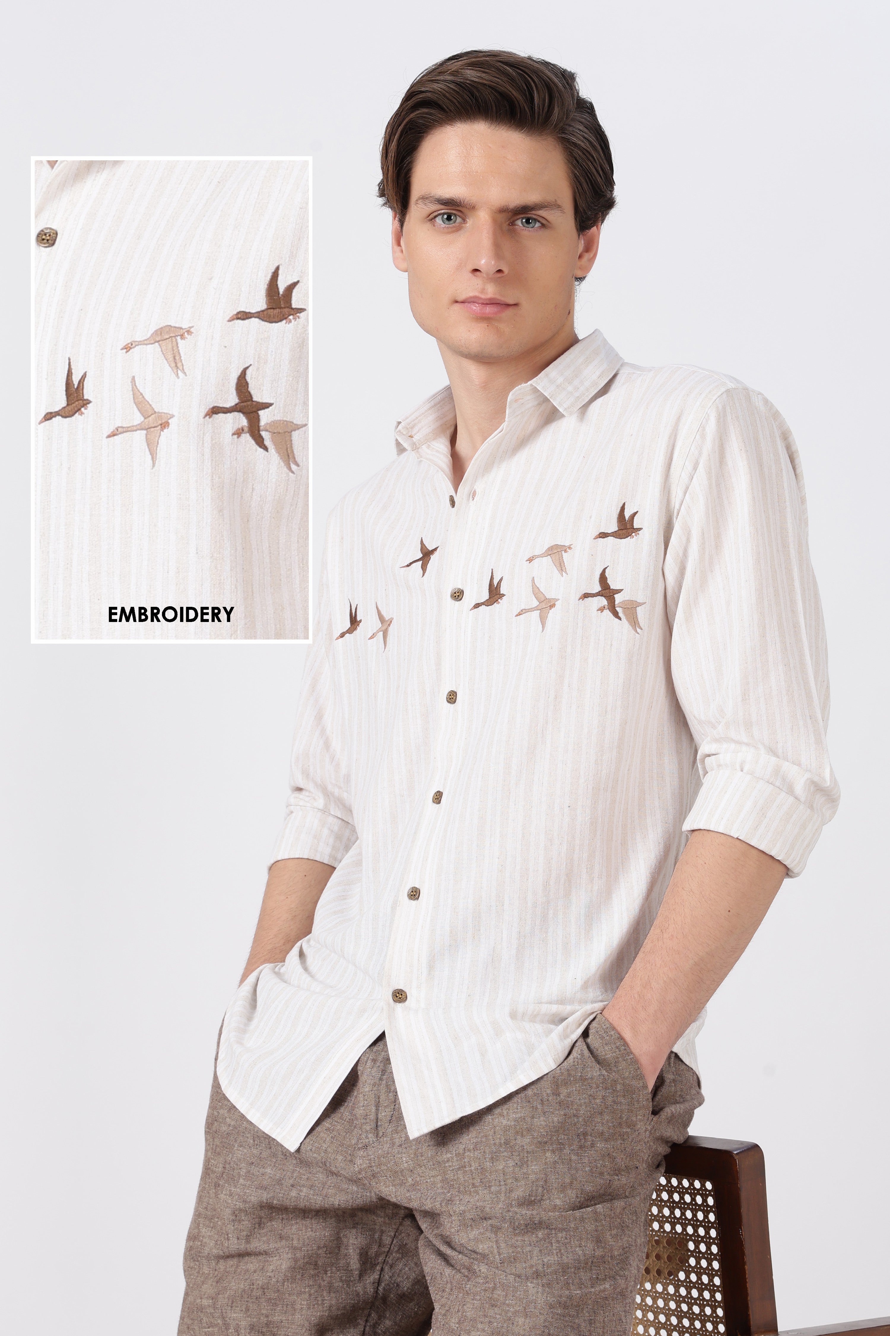 Flying Flock Cotton Regular Fit Beige Striped Shirt