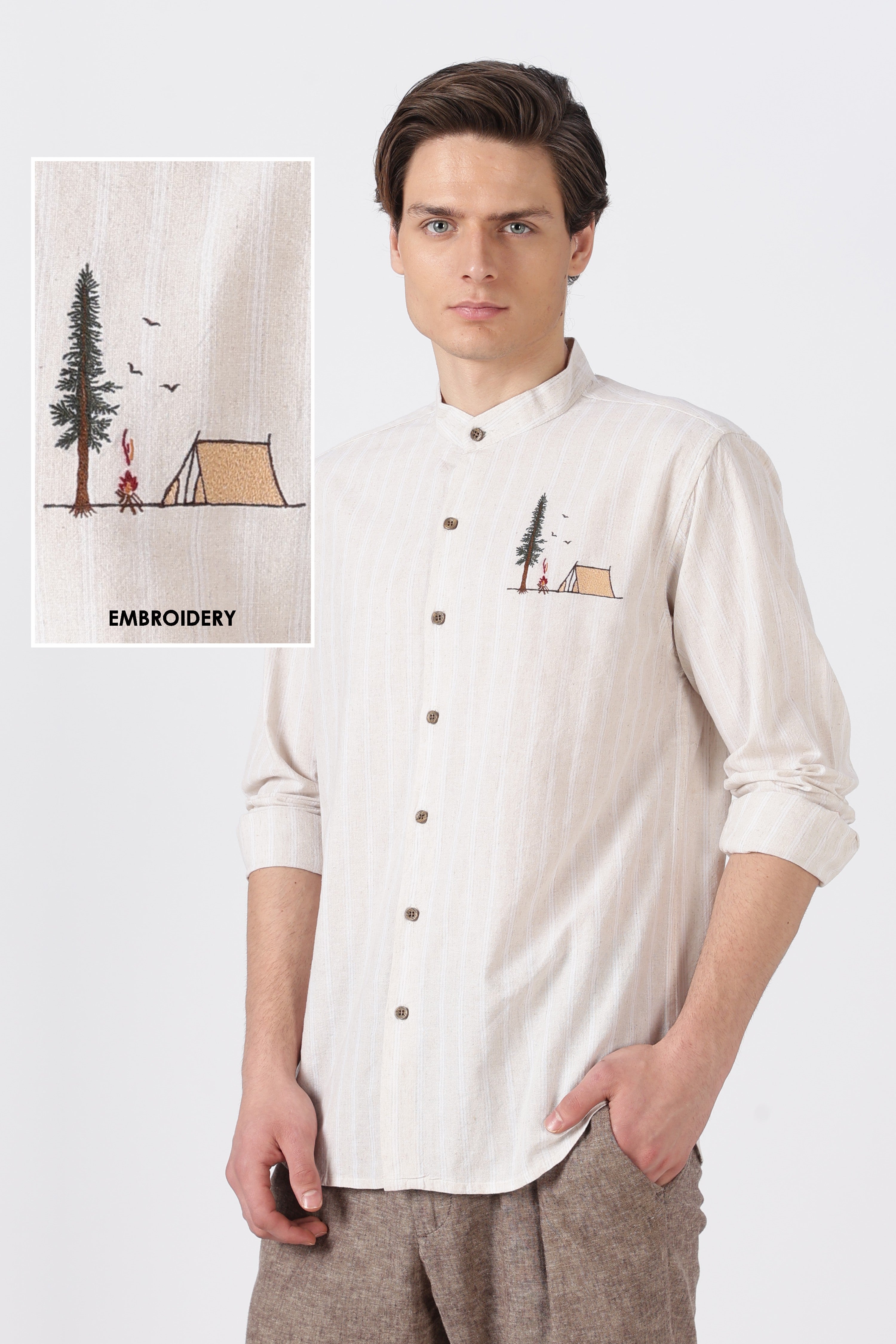 Camping Scene Cotton Regular Fit Cream Embroidered Shirt
