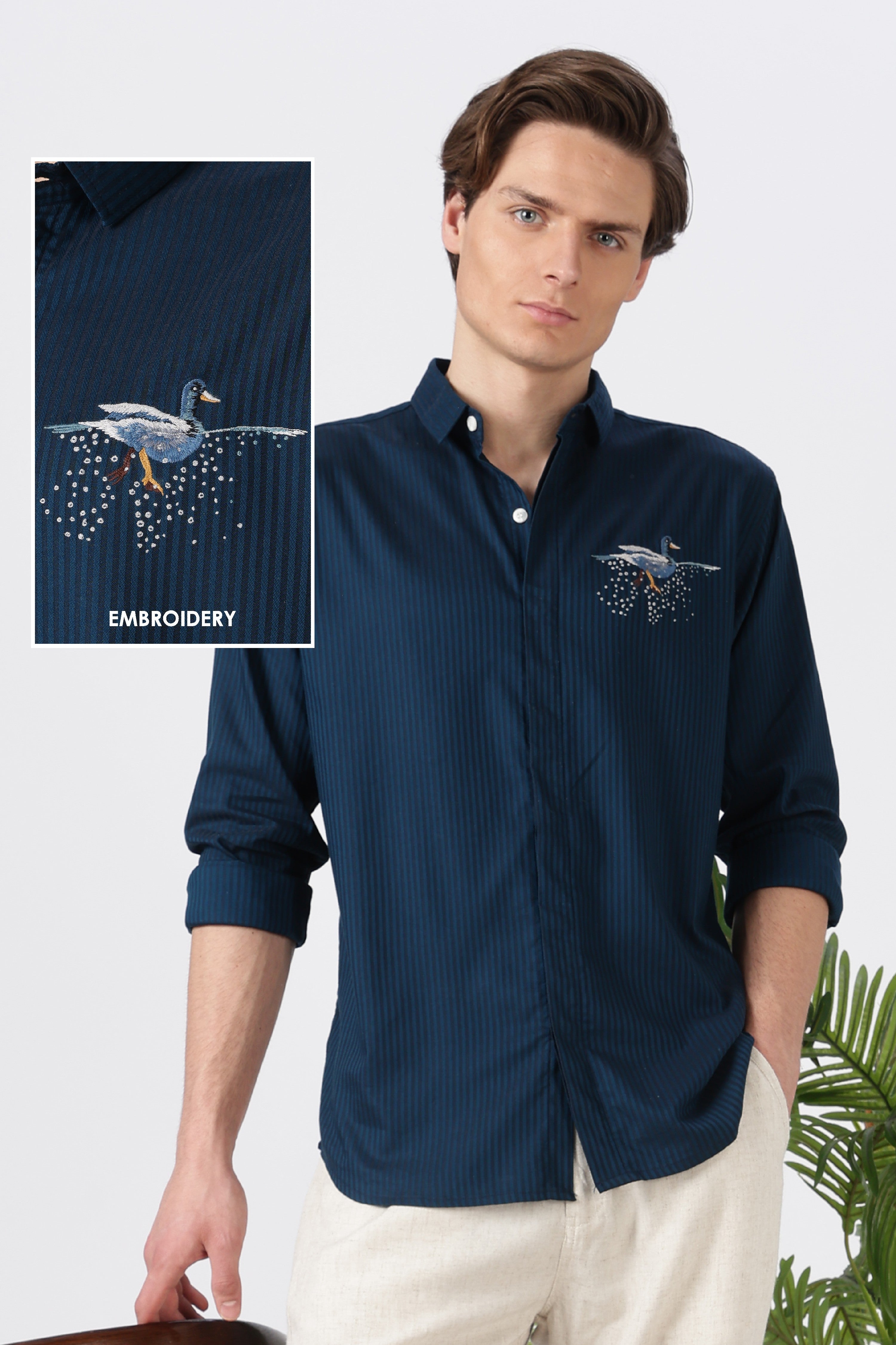 Mallard Rippling Cotton Regular Fit Navy Striped Embroidered Shirt