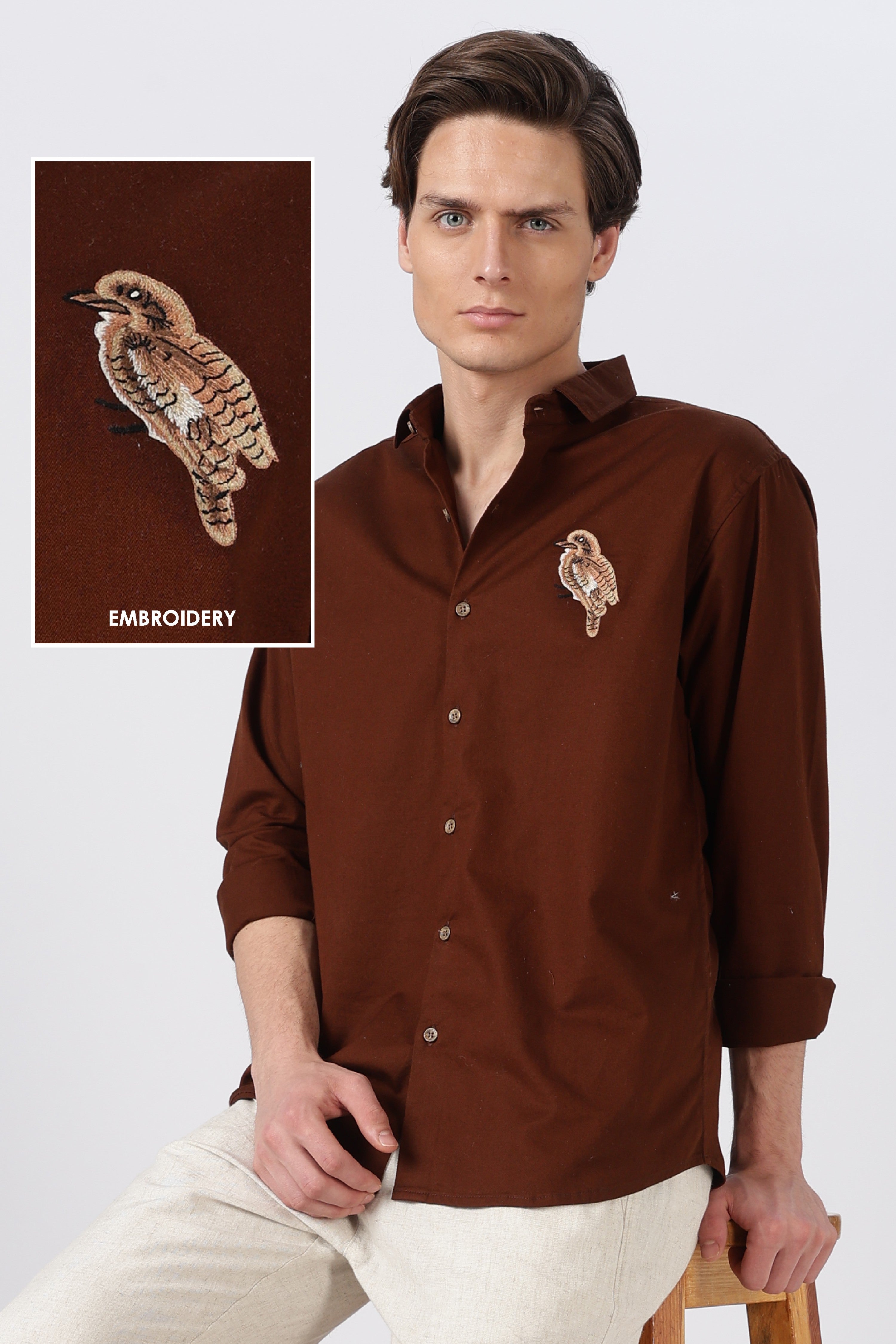 Woodland Bird Cotton Regular Fit Brown Embroidered Shirt