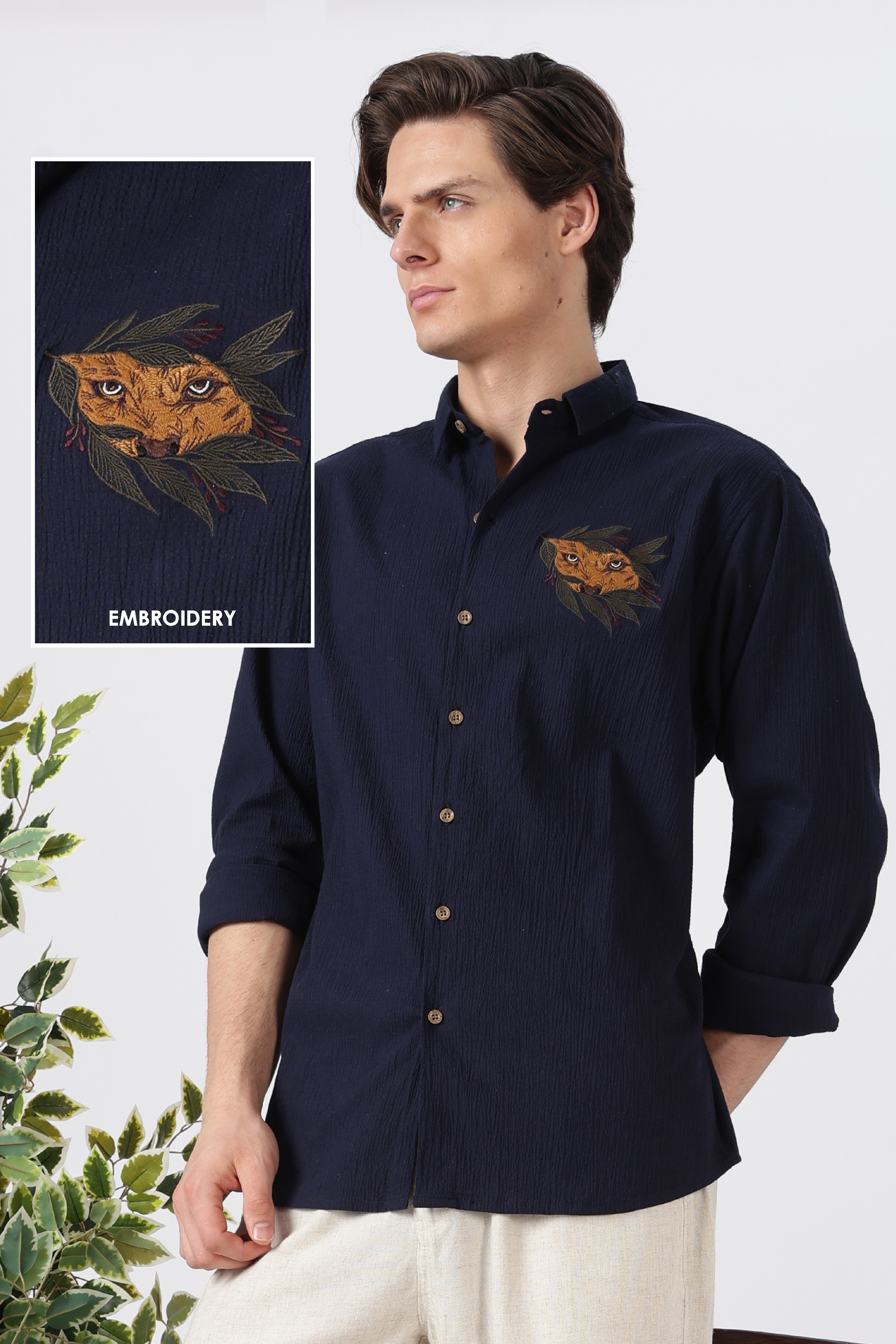 Striking Tiger Cotton Regular Fit Blue Embroidered Shirt