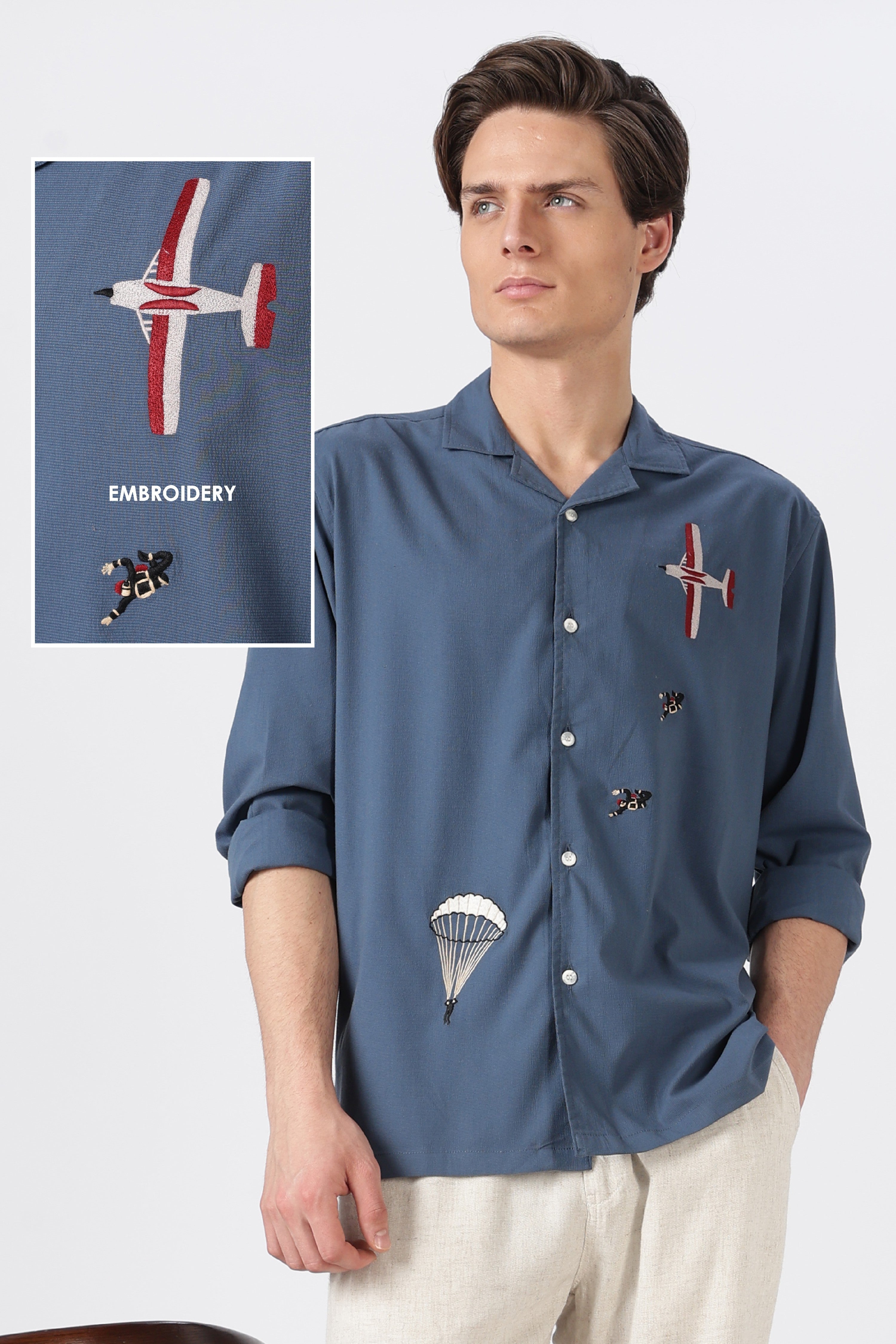 Sky Dive Cotton Box Fit Blue Bespoke Embroidery Shirt