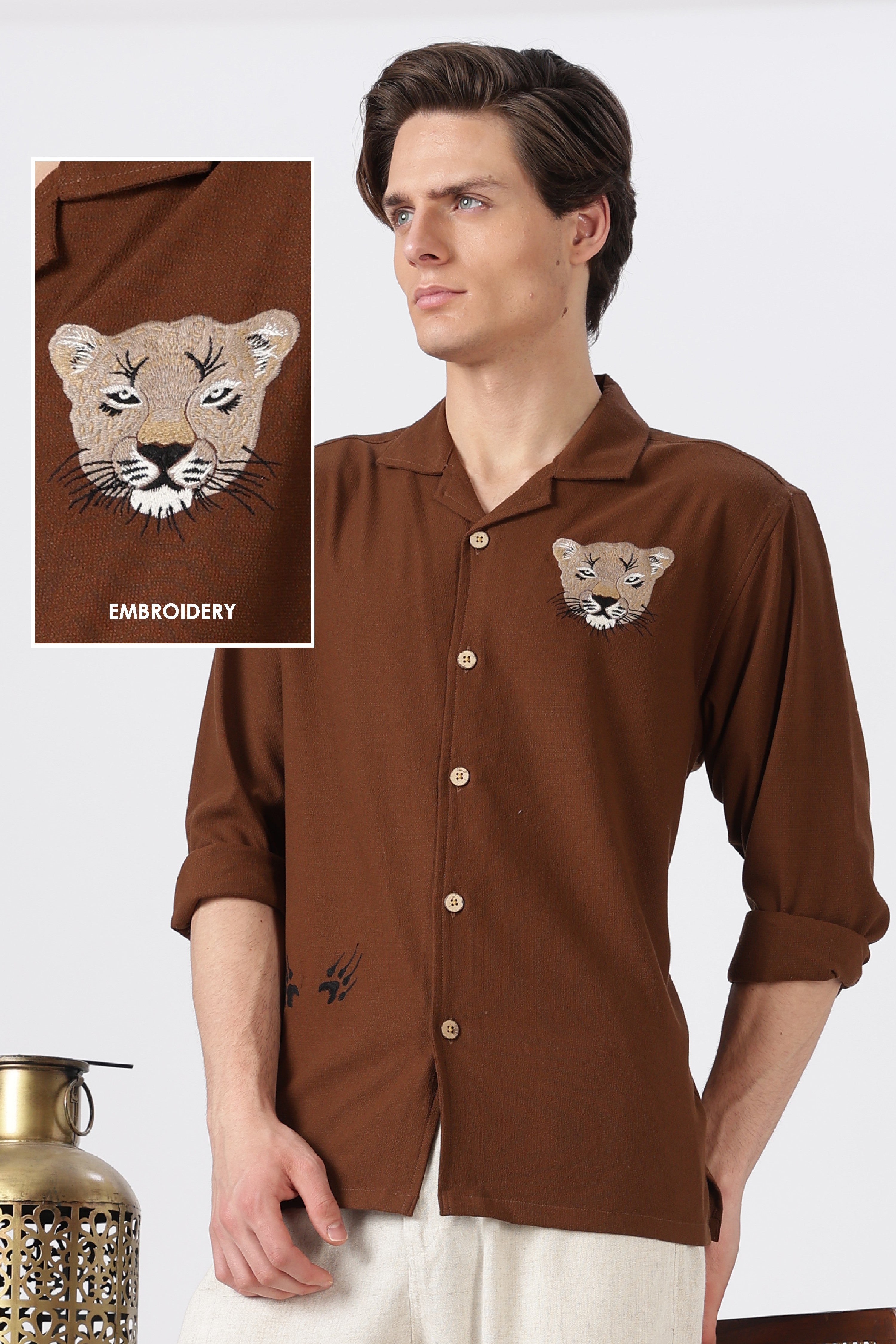 Desert Prowl Cotton Box Fit Brown Embroidered Shirt