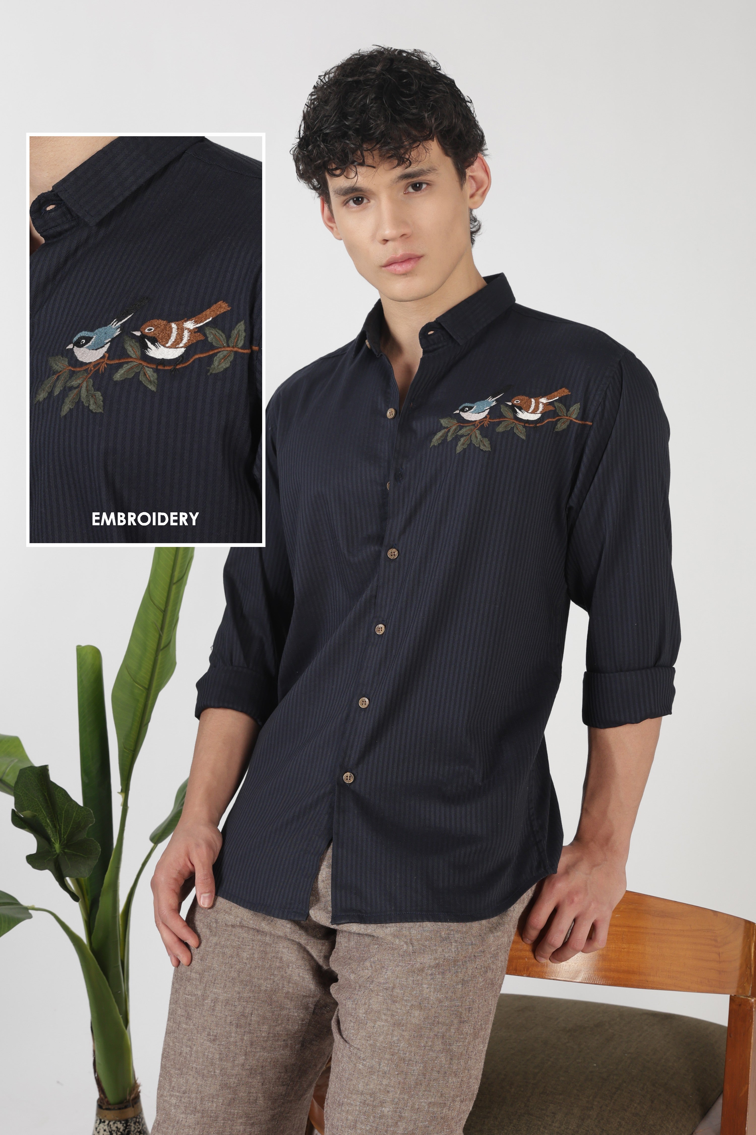 Songbird Perch Cotton Regular Fit Navy Striped Embroidered Shirt