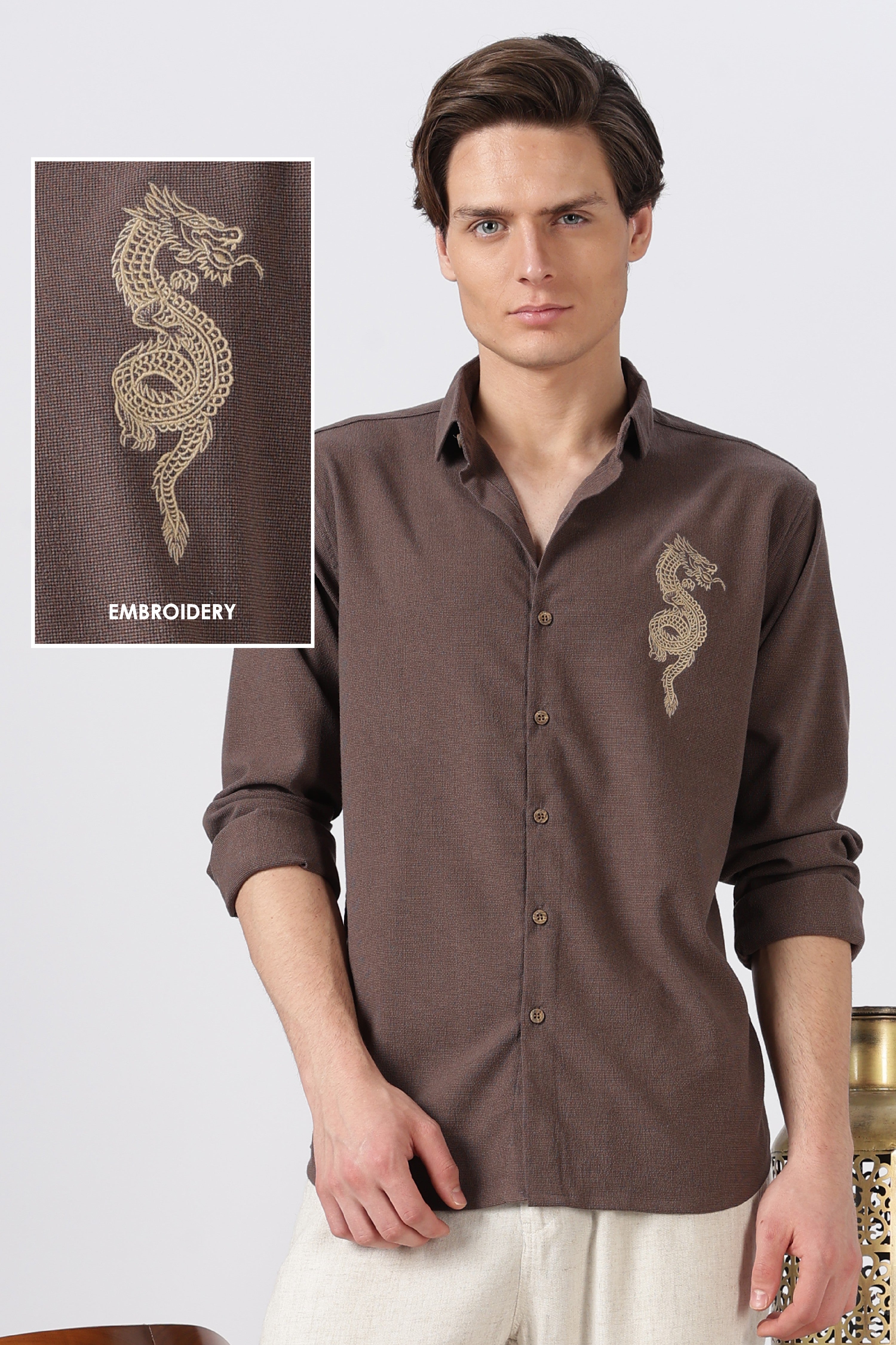 Imperial Dragon Cotton Regular Fit Brown Embroidered Shirt