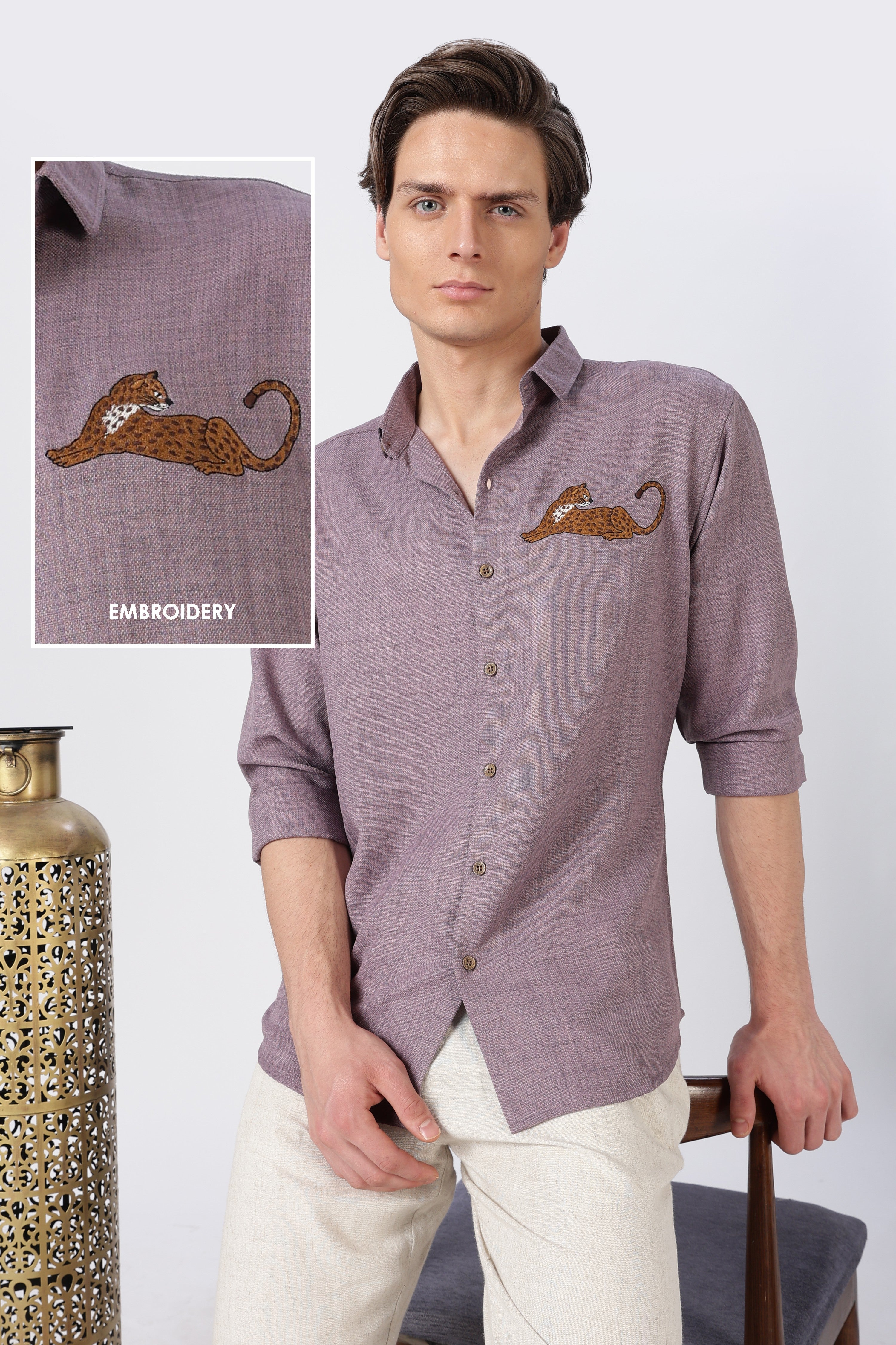 Leaping Leopard Cotton Regular Fit Mauve Embroidered Shirt