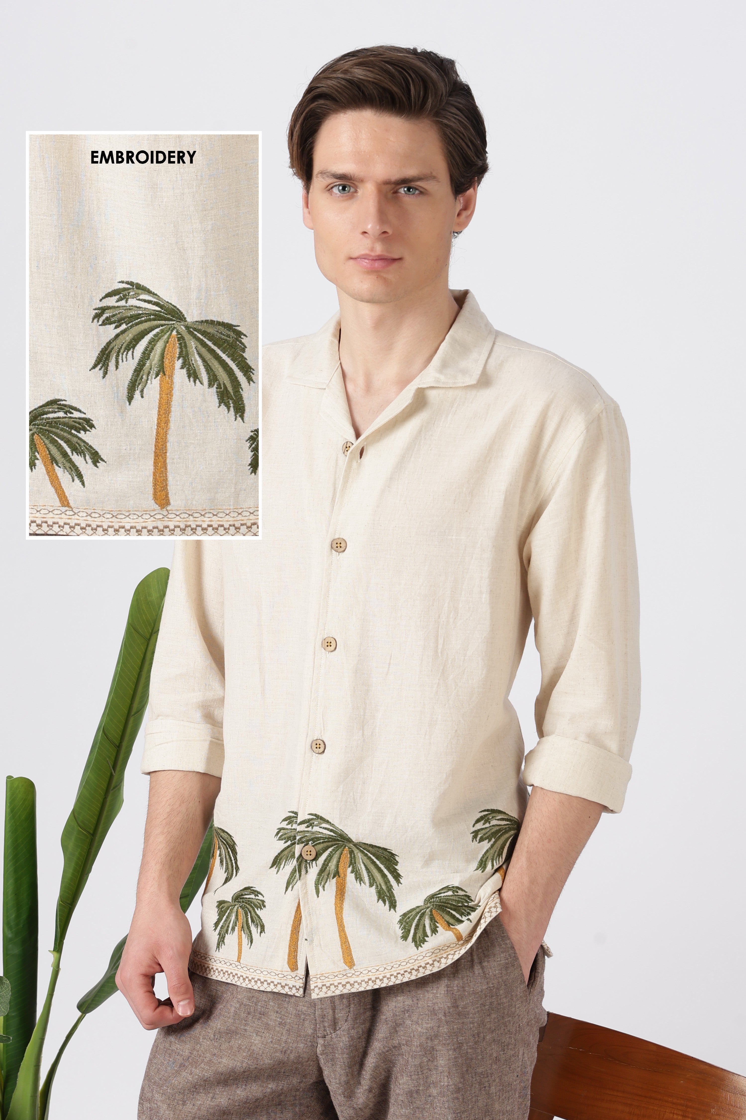 Palm Coast Cotton Regular Fit Beige Embroidery Shirt