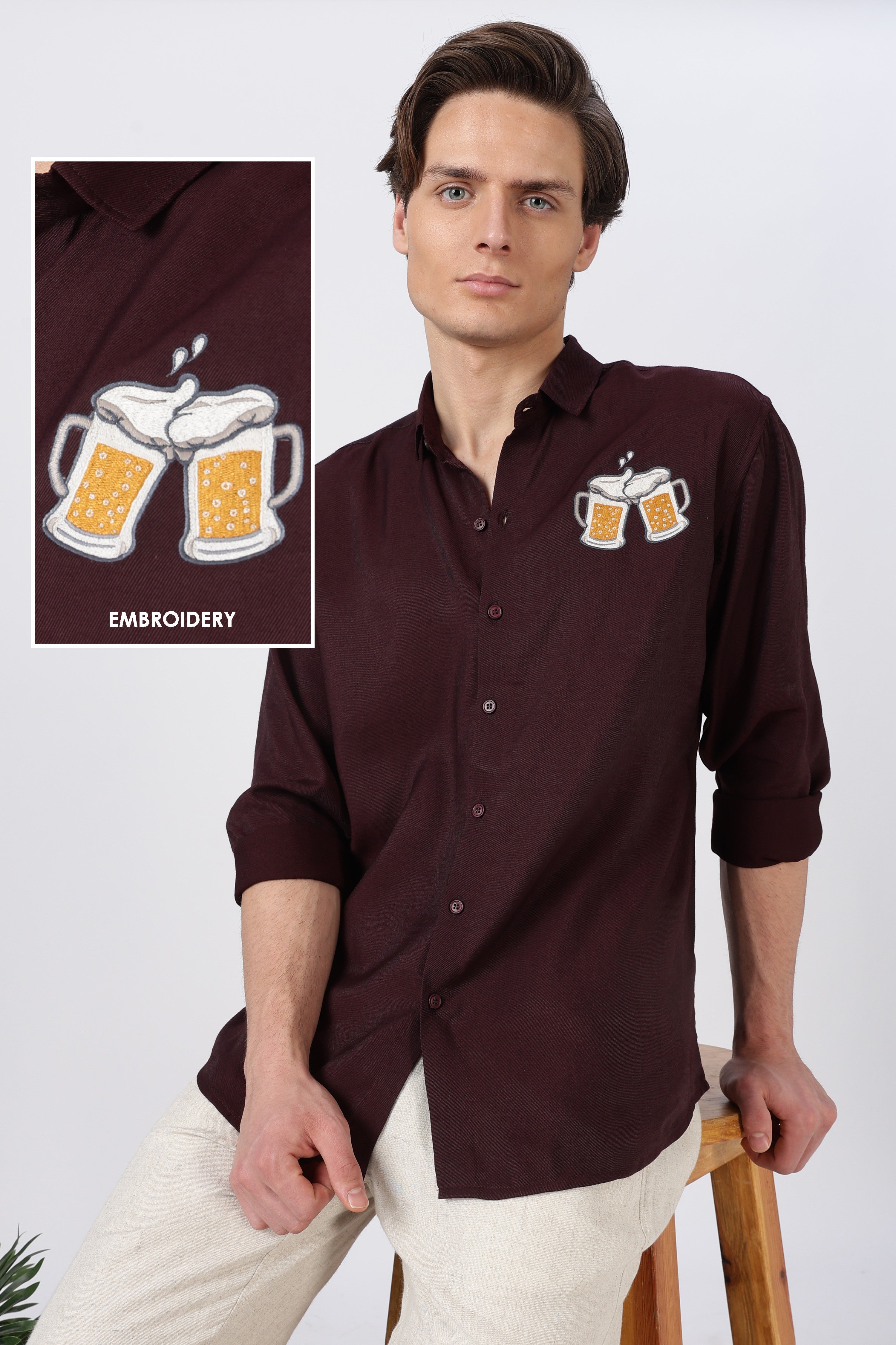 Beer Boys Fav Cotton Regular Fit Brown Embroidered Shirt