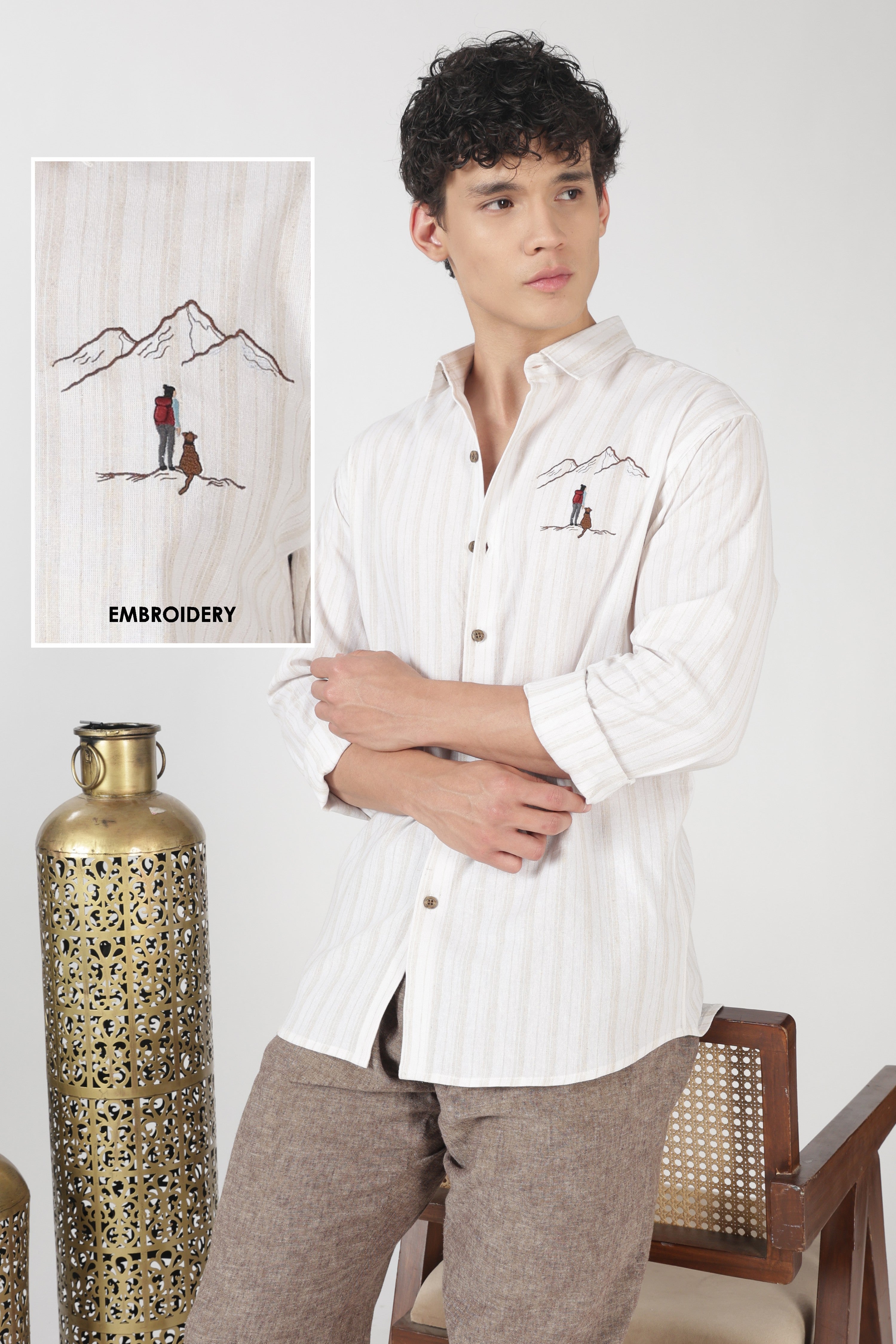 Summit Trails Cotton Regular Fit Off White Striped Embroidered Shirt