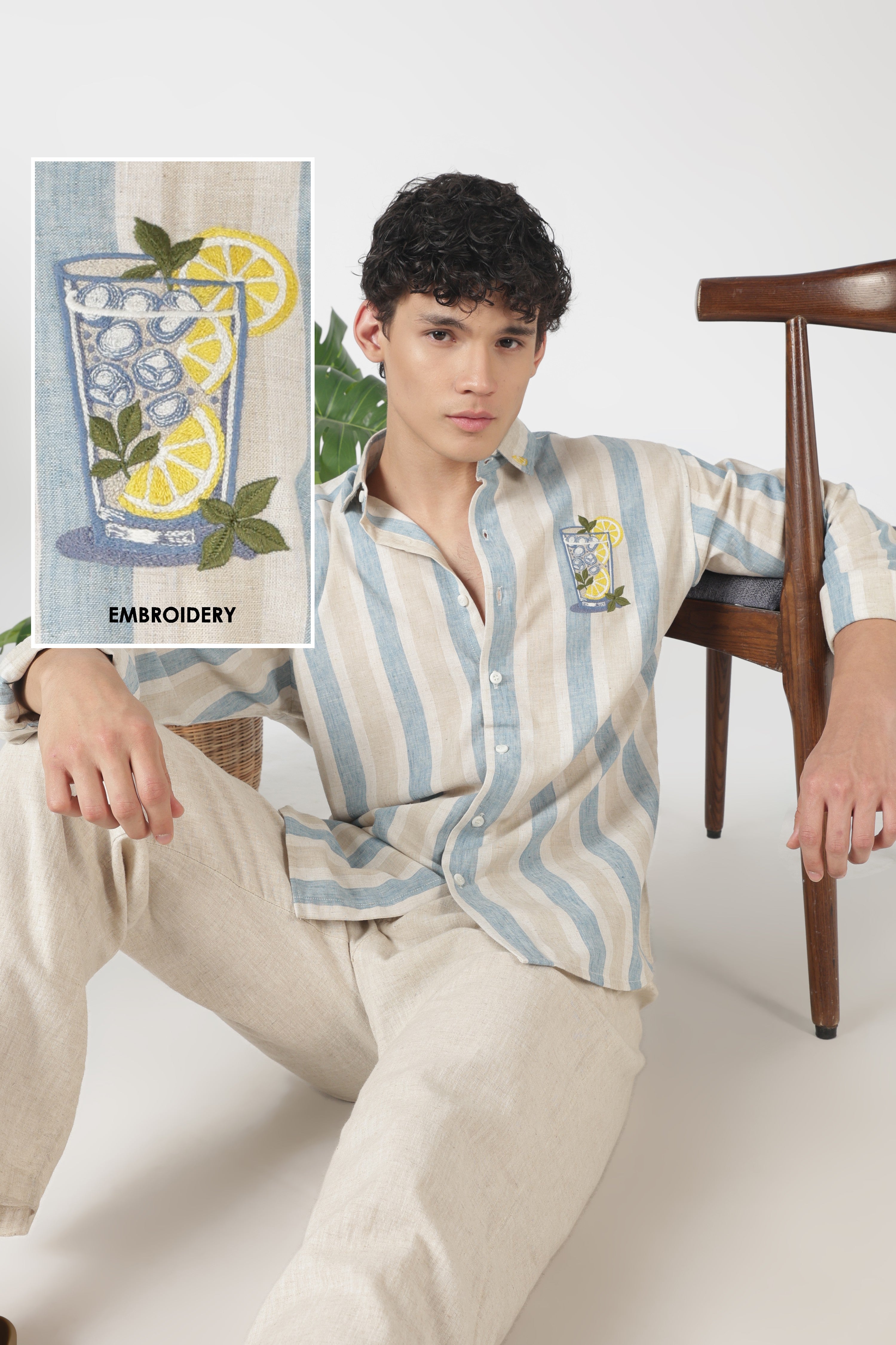 Lemon Cooler Cotton Regular Fit Sky Blue Embroidered Shirt