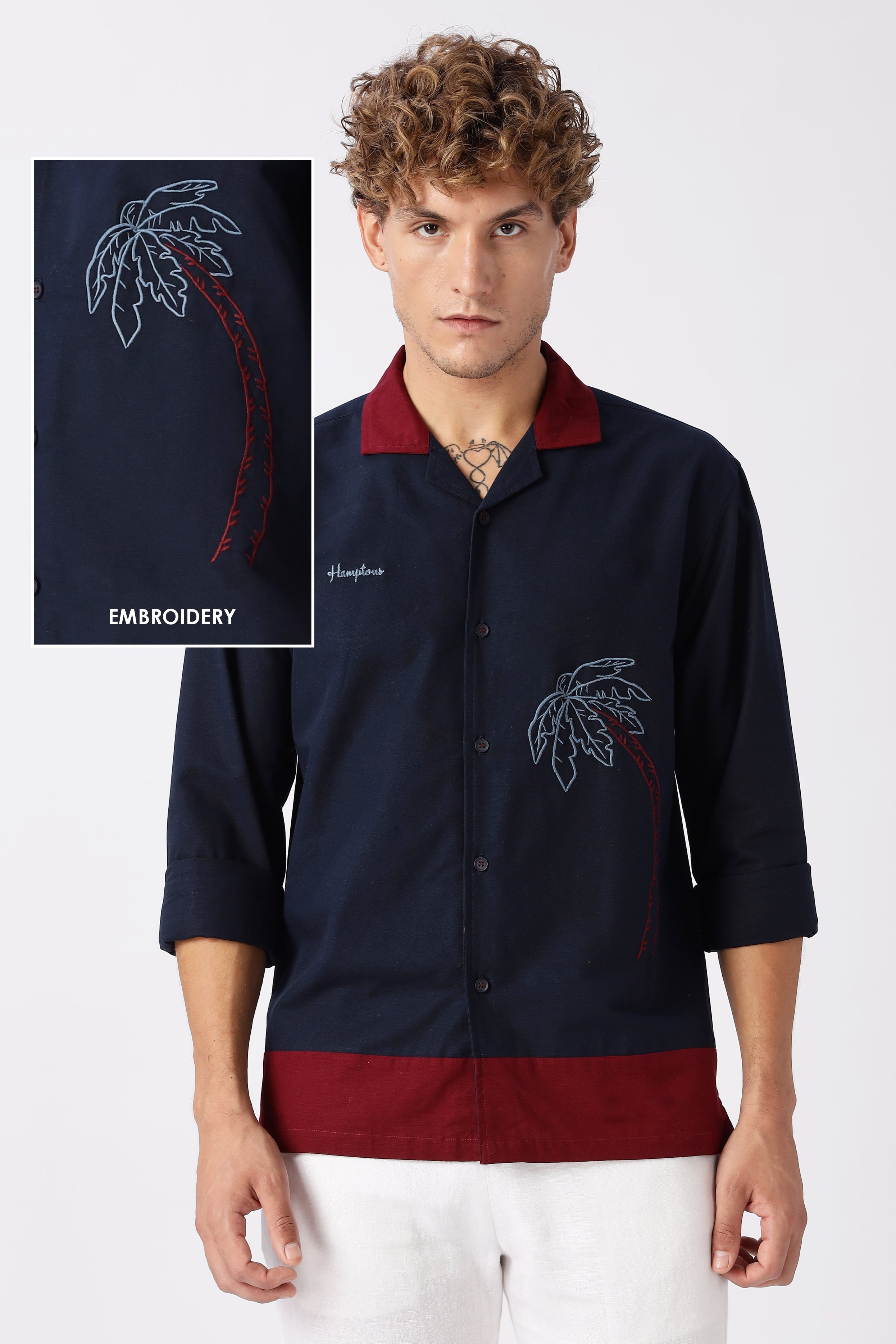 Midnight in Majorda Embroidered Palm Shirt with Wine Collar