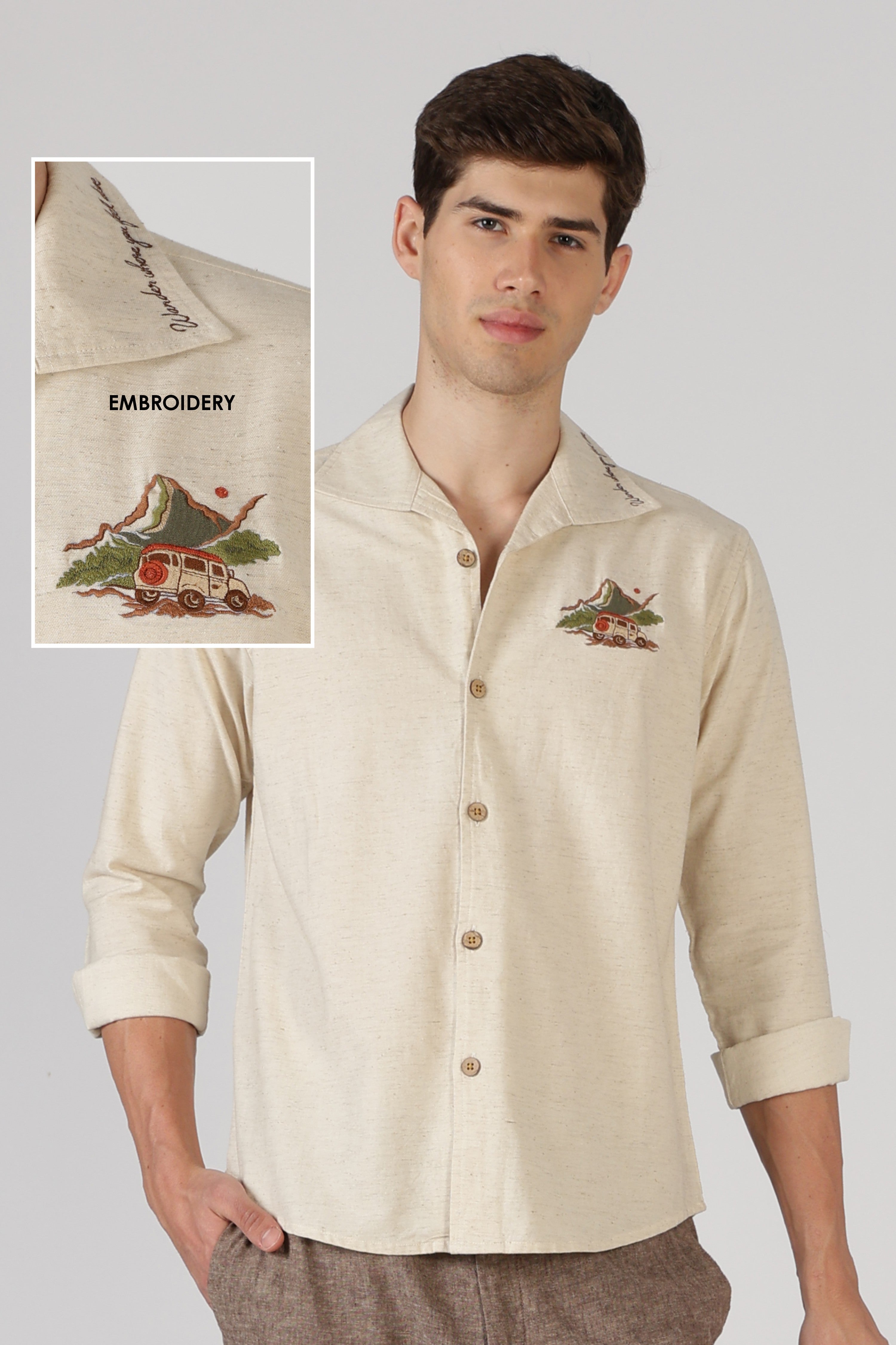 Mountain Drive Cotton Box Fit Beige Embroidered Shirt