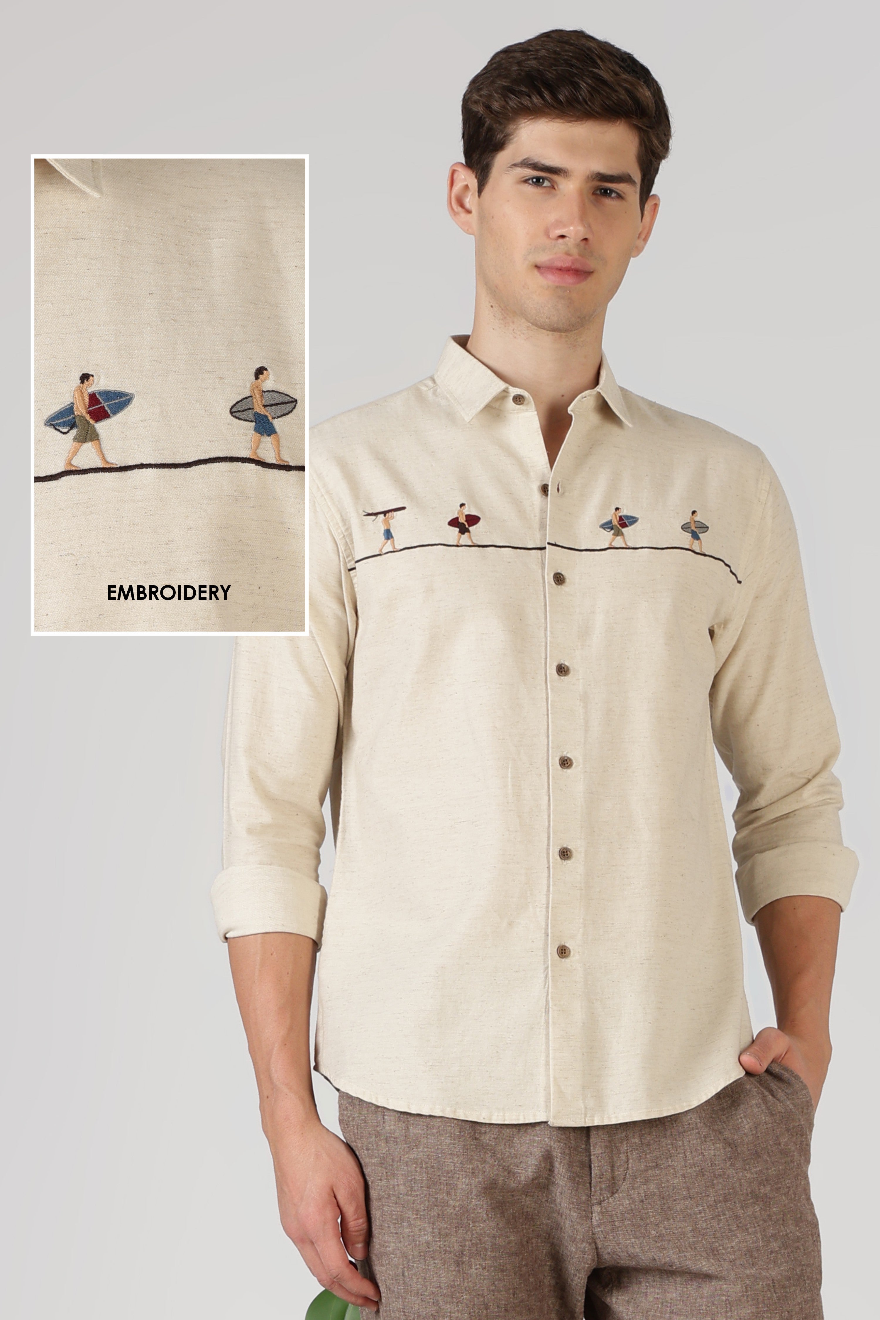 Surfers Wave Walk Cotton Regular Fit Beige Embroidered Shirt