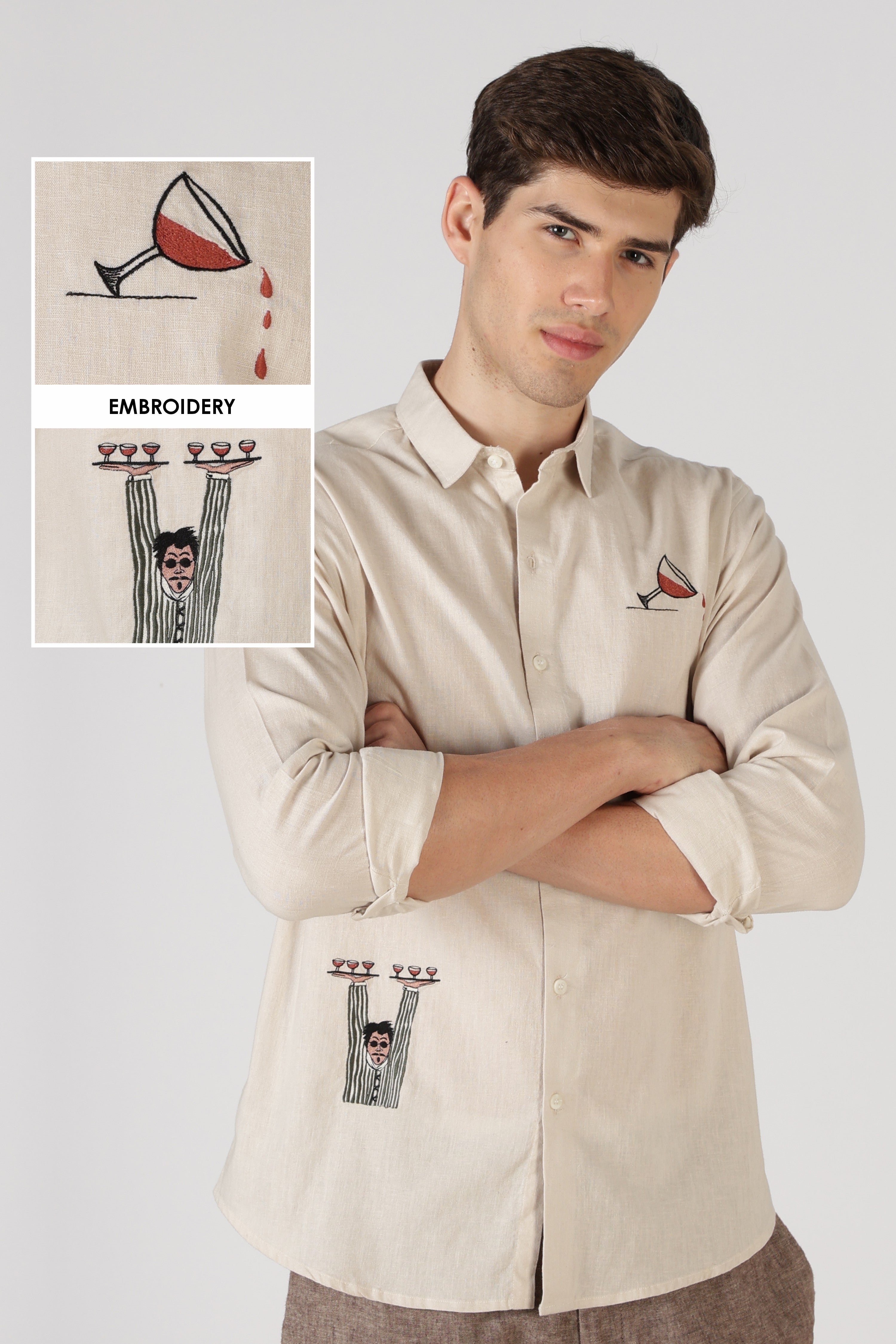Playful Wine Cotton Regular Fit Beige Embroidered Shirt