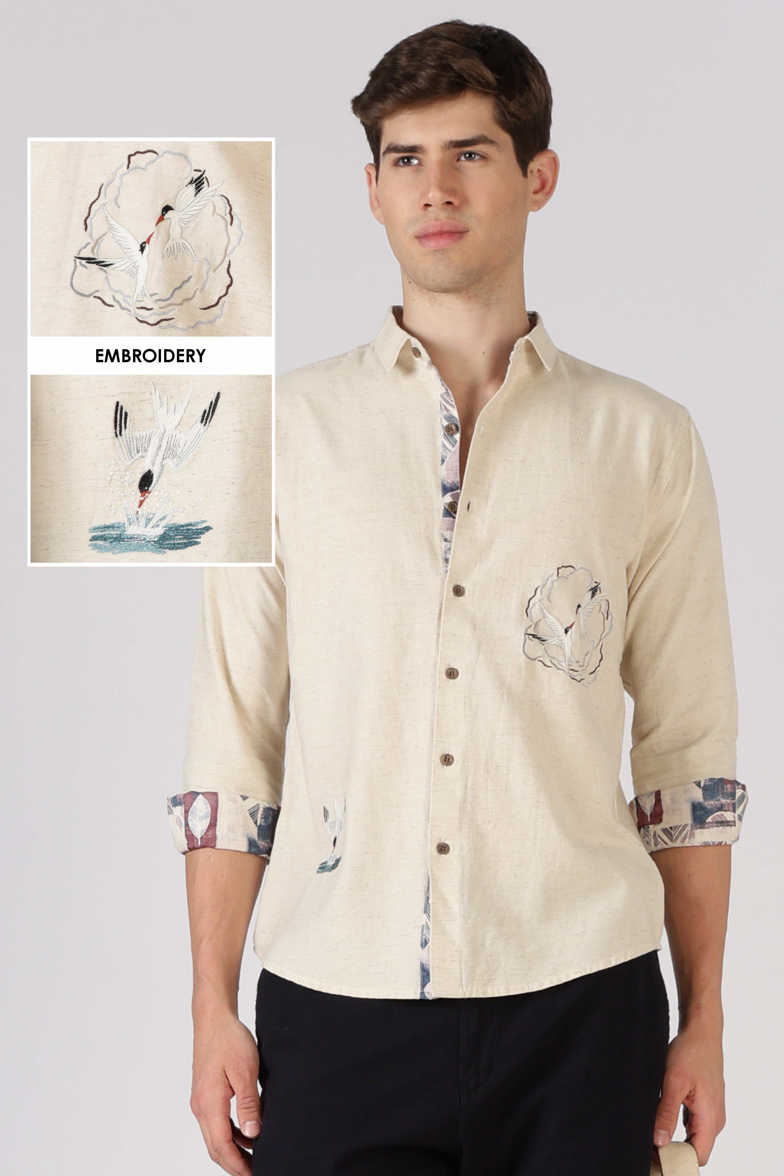 Seabird Splash Cotton Regular Fit Beige Embroidered Shirt