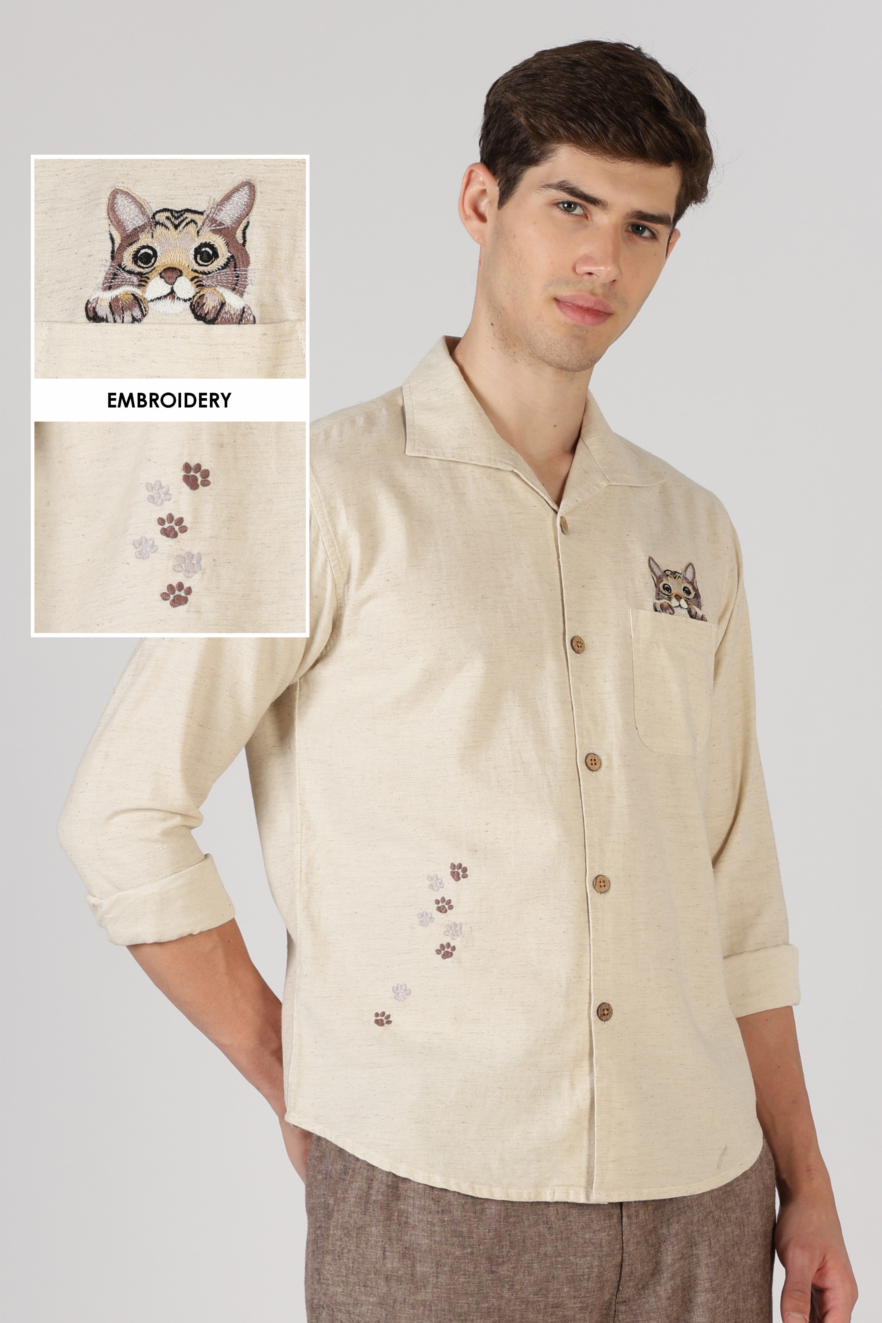 Curious Paws Cooper Collar Beige 100% Cotton  Embroidered Shirt