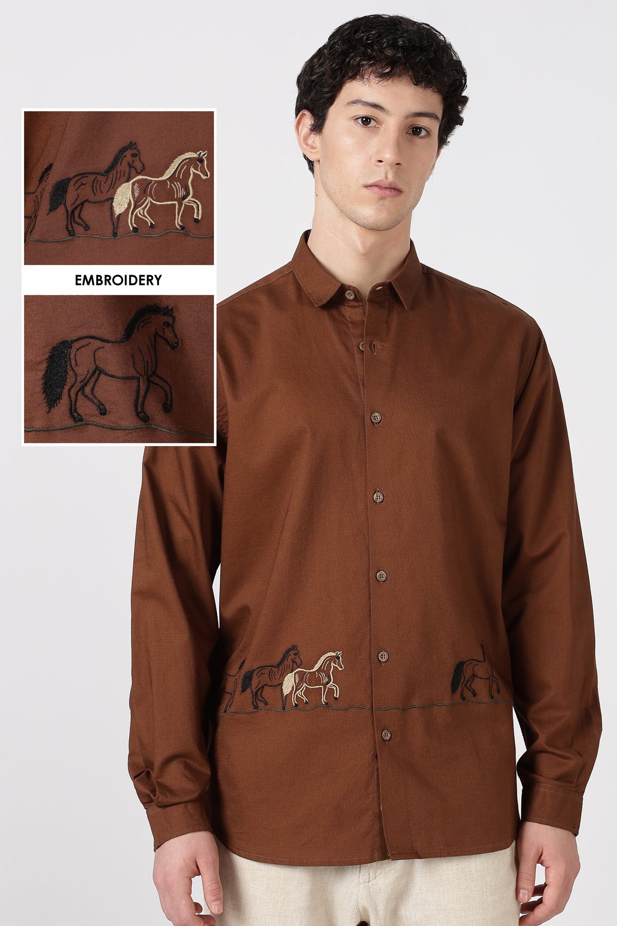 The Cavalier Cotton Regular Fit Chocolate Brown Embroidered Shirt