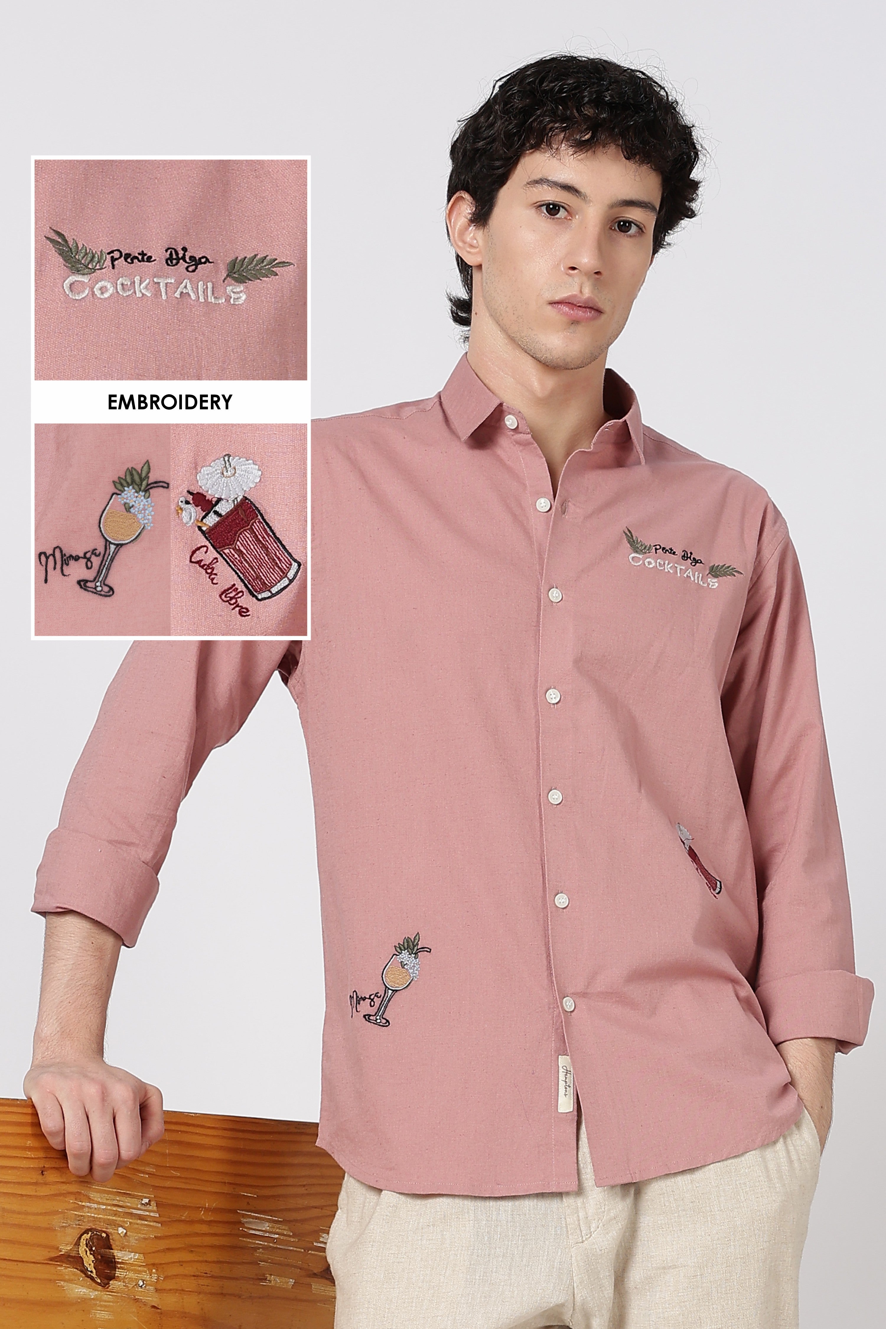 Cocktail-Themed Cotton Regular Fit Dusty Pink Embroidered Shirt