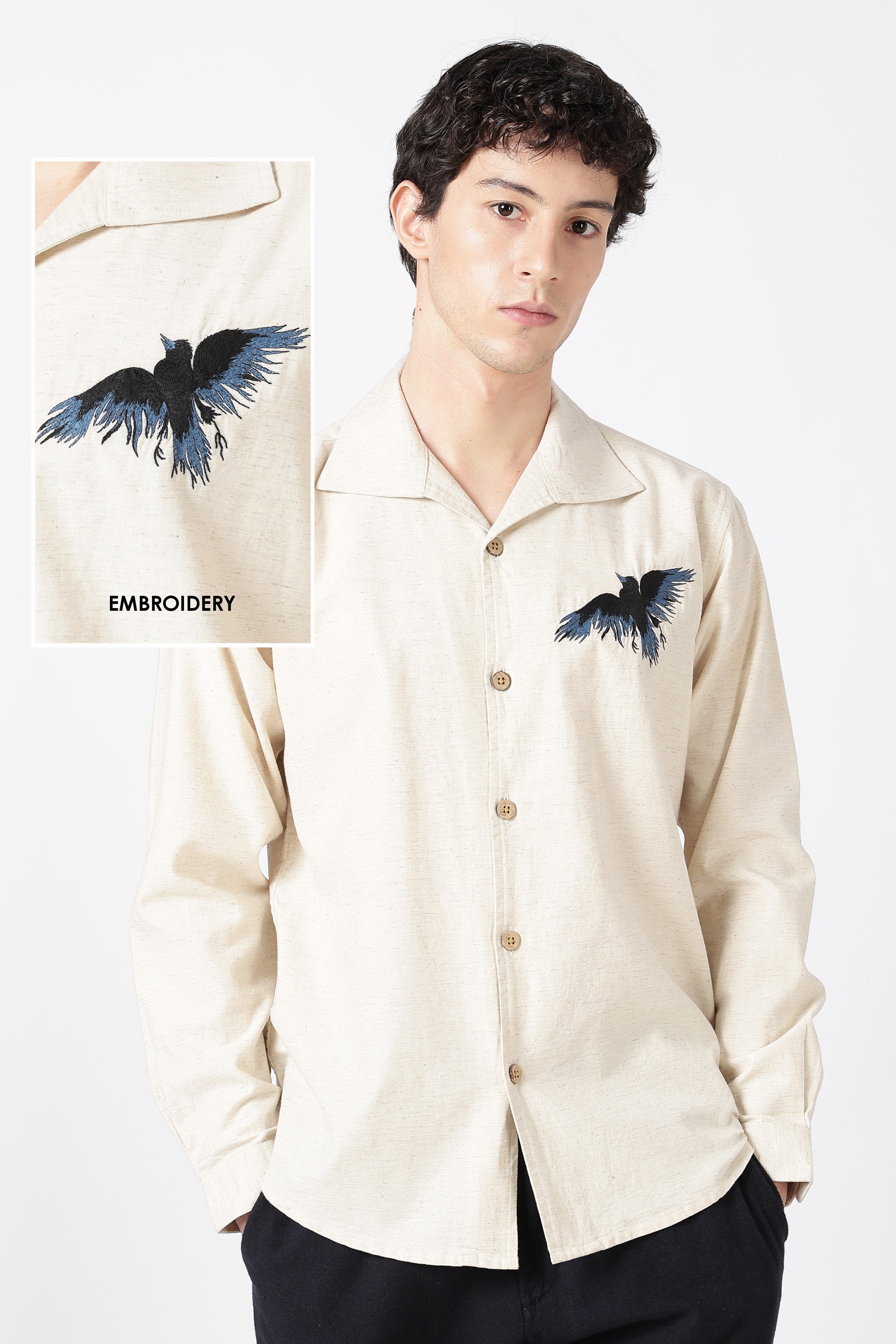 Midnight Raven Cotton Cooper Collar Beige Embroidered Shirt