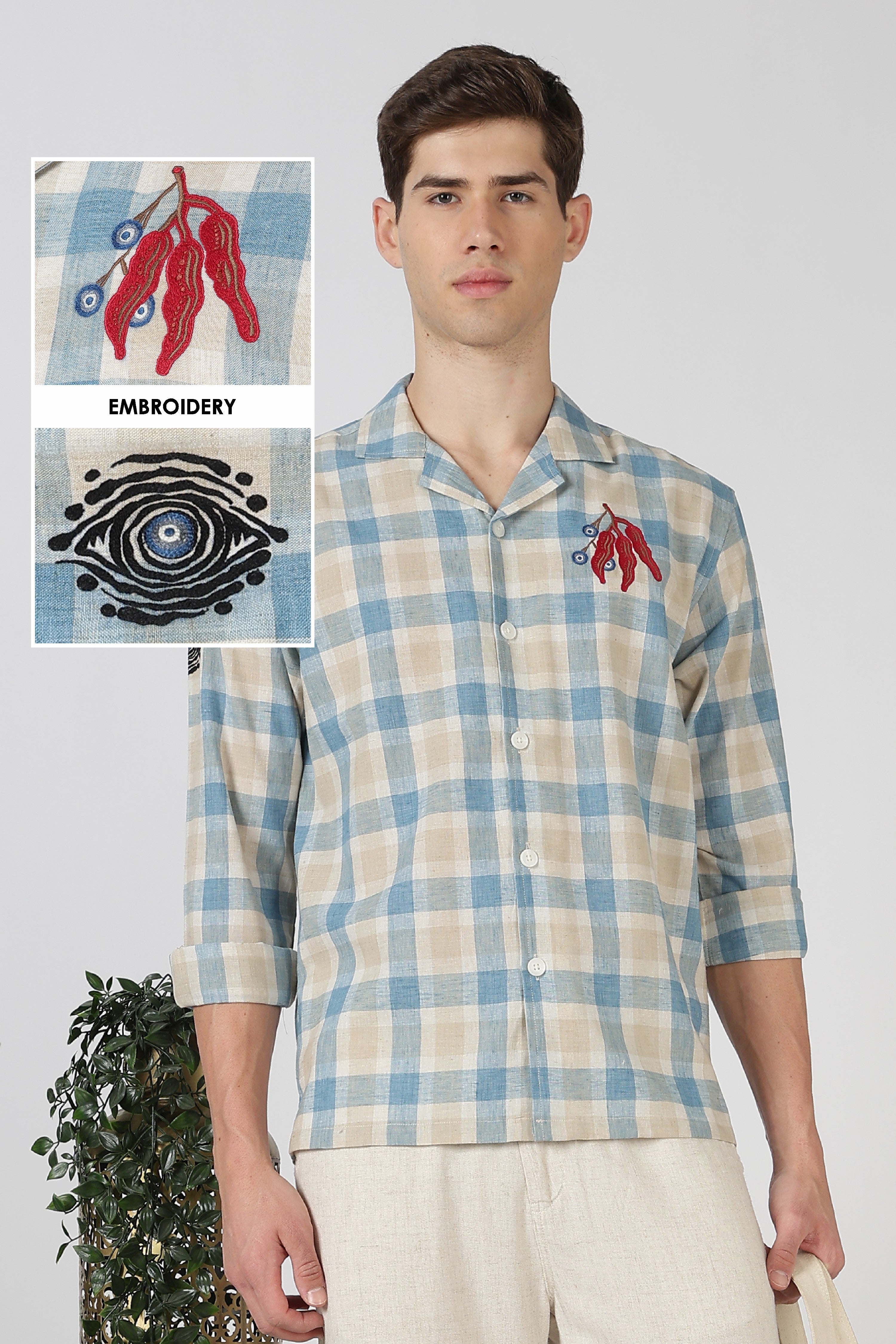 Evil Eye Cotton Box Fit Sky Blue Embroidered Shirt