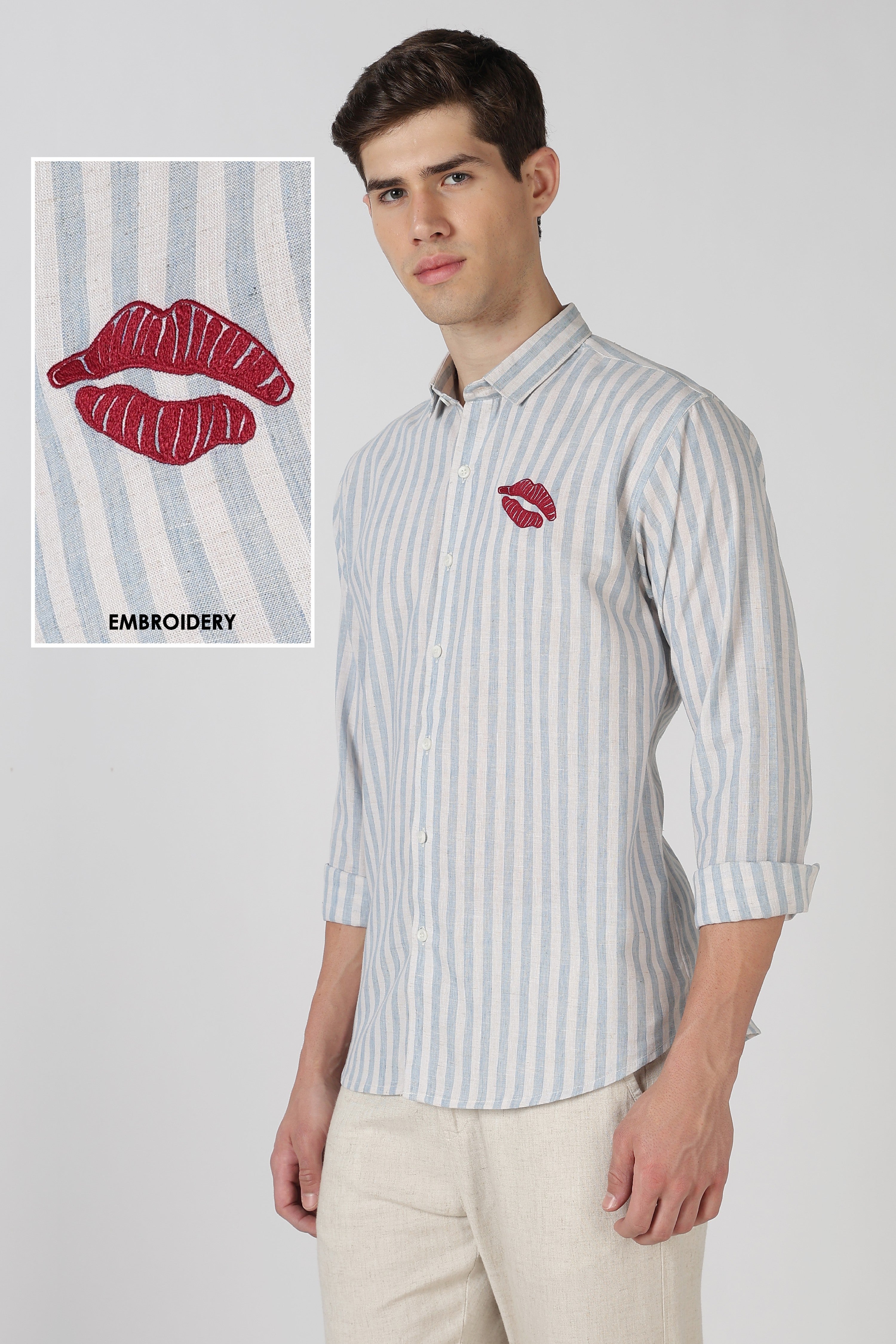 First Kiss Cotton Regular Fit Blue Embroidered Shirt