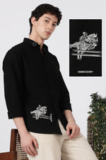 Equestrian Crest Cotton Regular Fit Black Embroidered Shirt