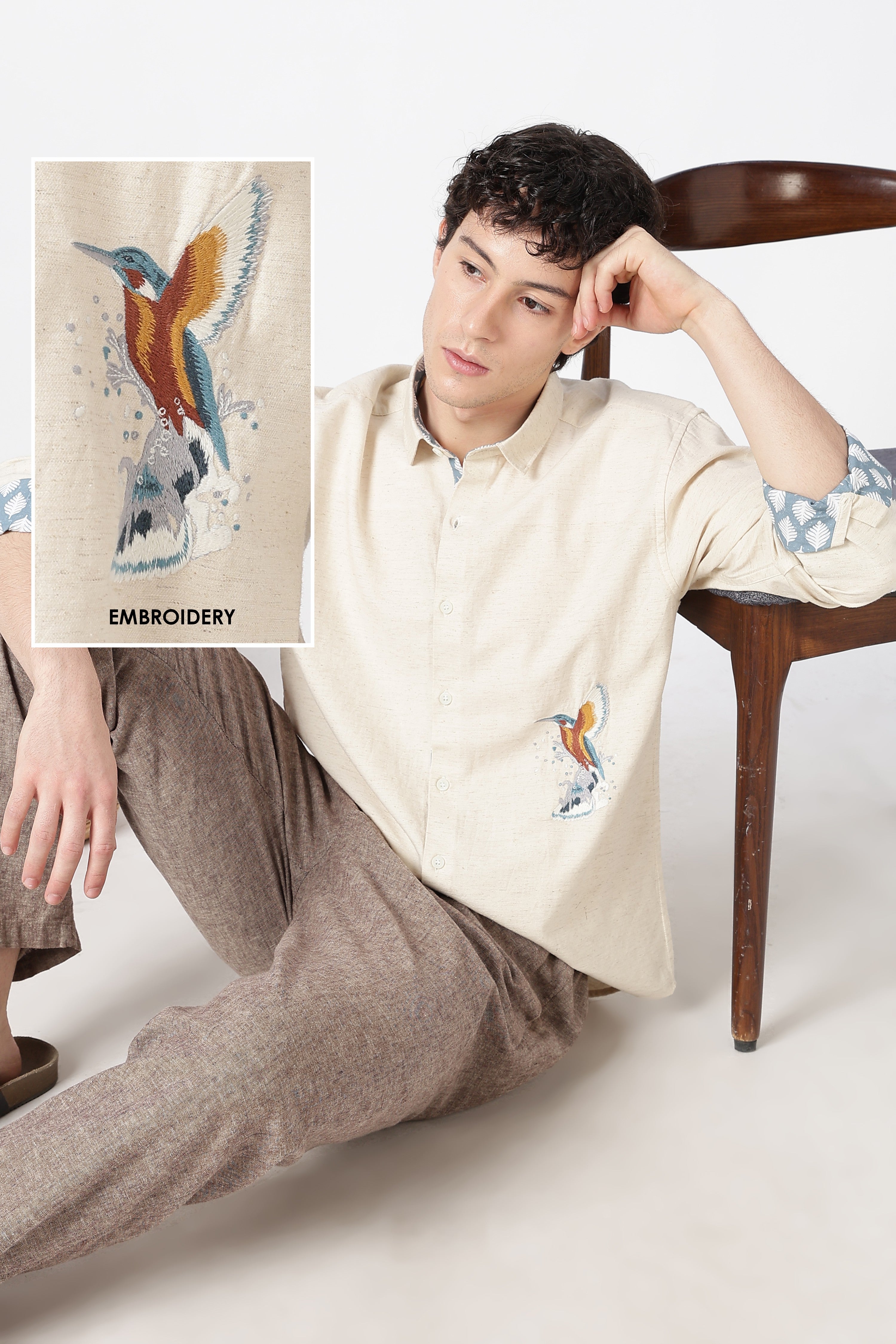 Kingfisher Cotton Regular Fit Beige Embroidered Shirt