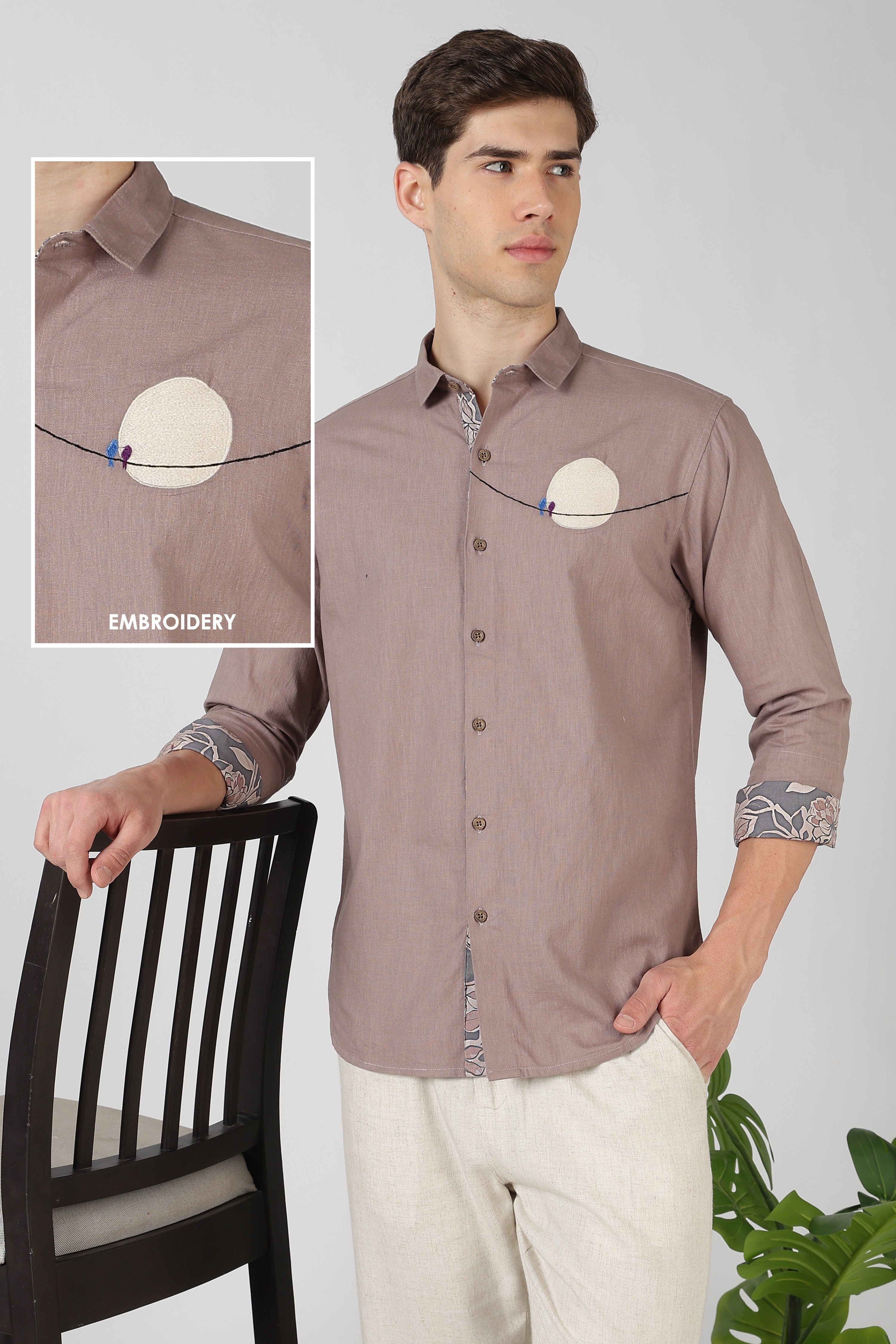 Moon TinyBirds Cotton Regular Fit Rose Brown Embroidered Shirt