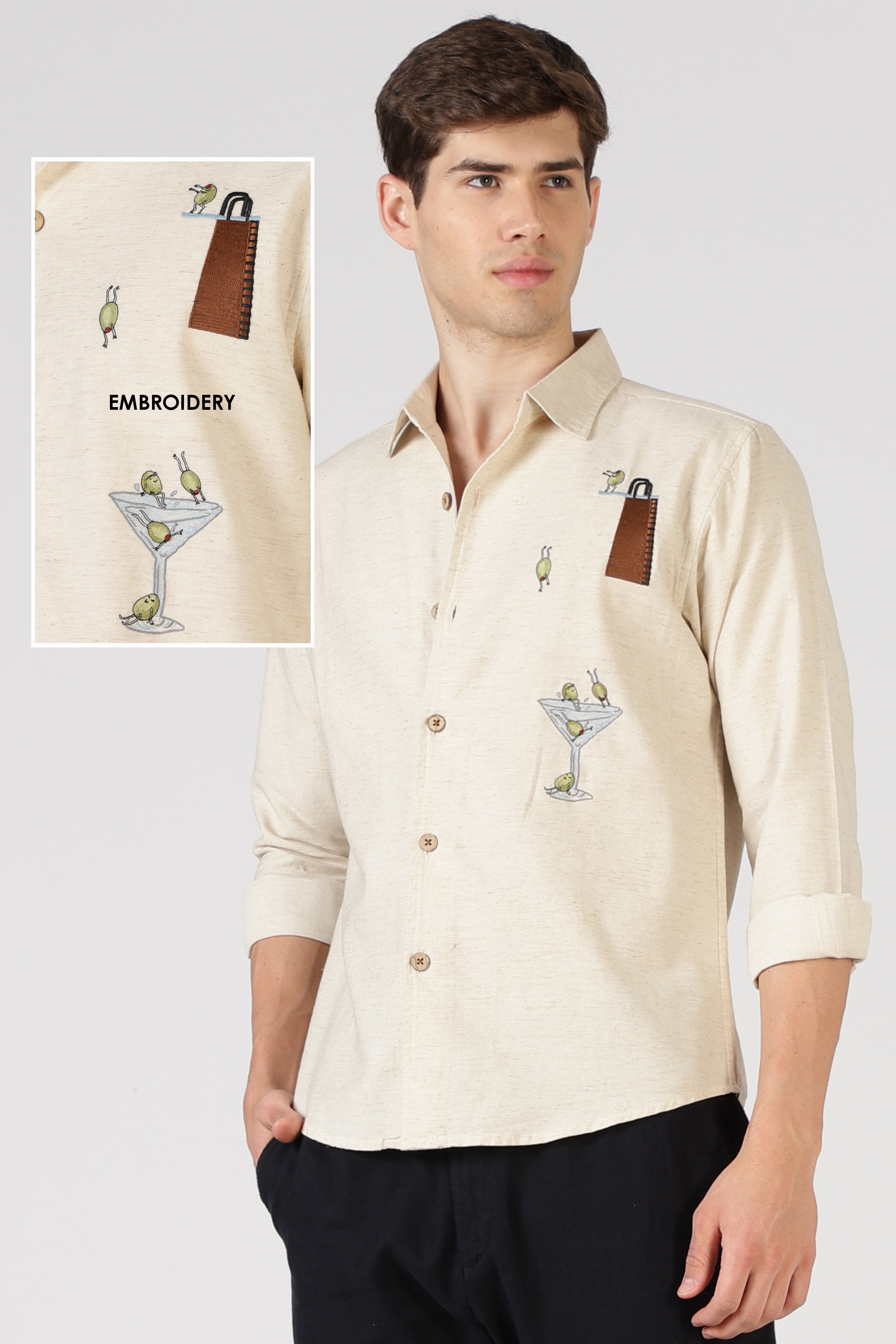 Olive Martini Cotton Regular Fit Beige Intricate Embroidered Shirt