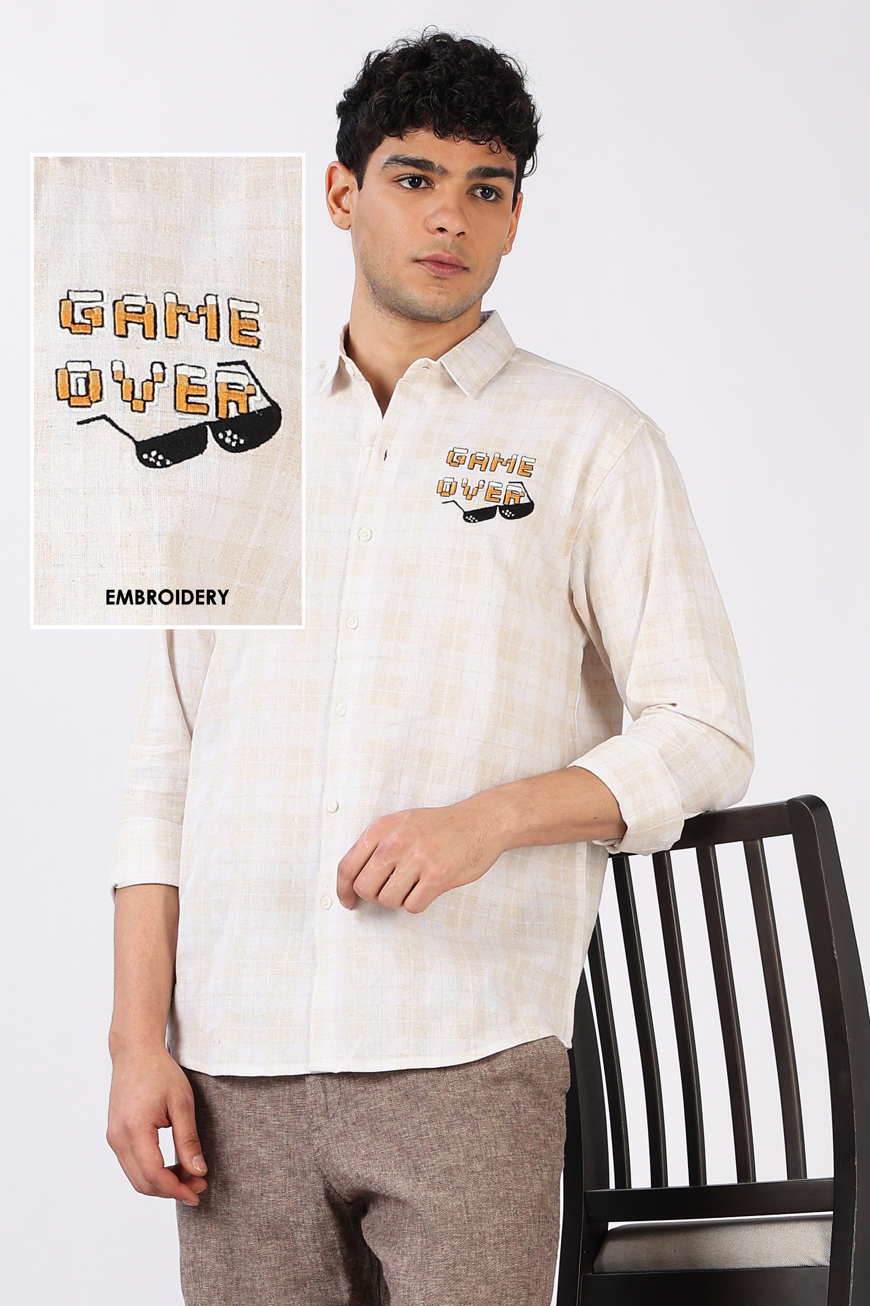 Game Over Cotton Checkered  Regular Fit Beige Embroidered Shirt