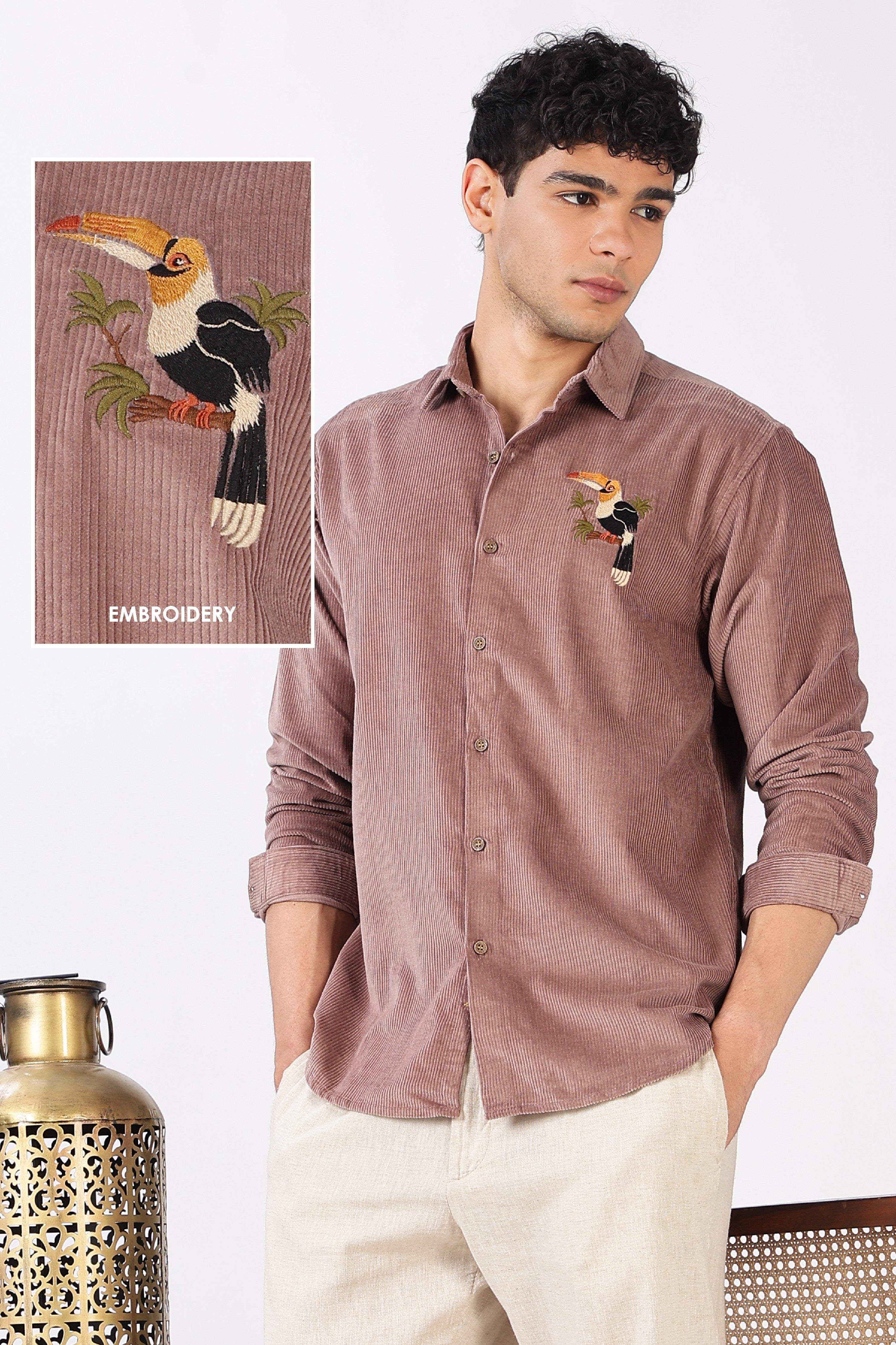 Tropical Toucan Corduroy Cotton Regular Fit Pink Embroidered Shirt