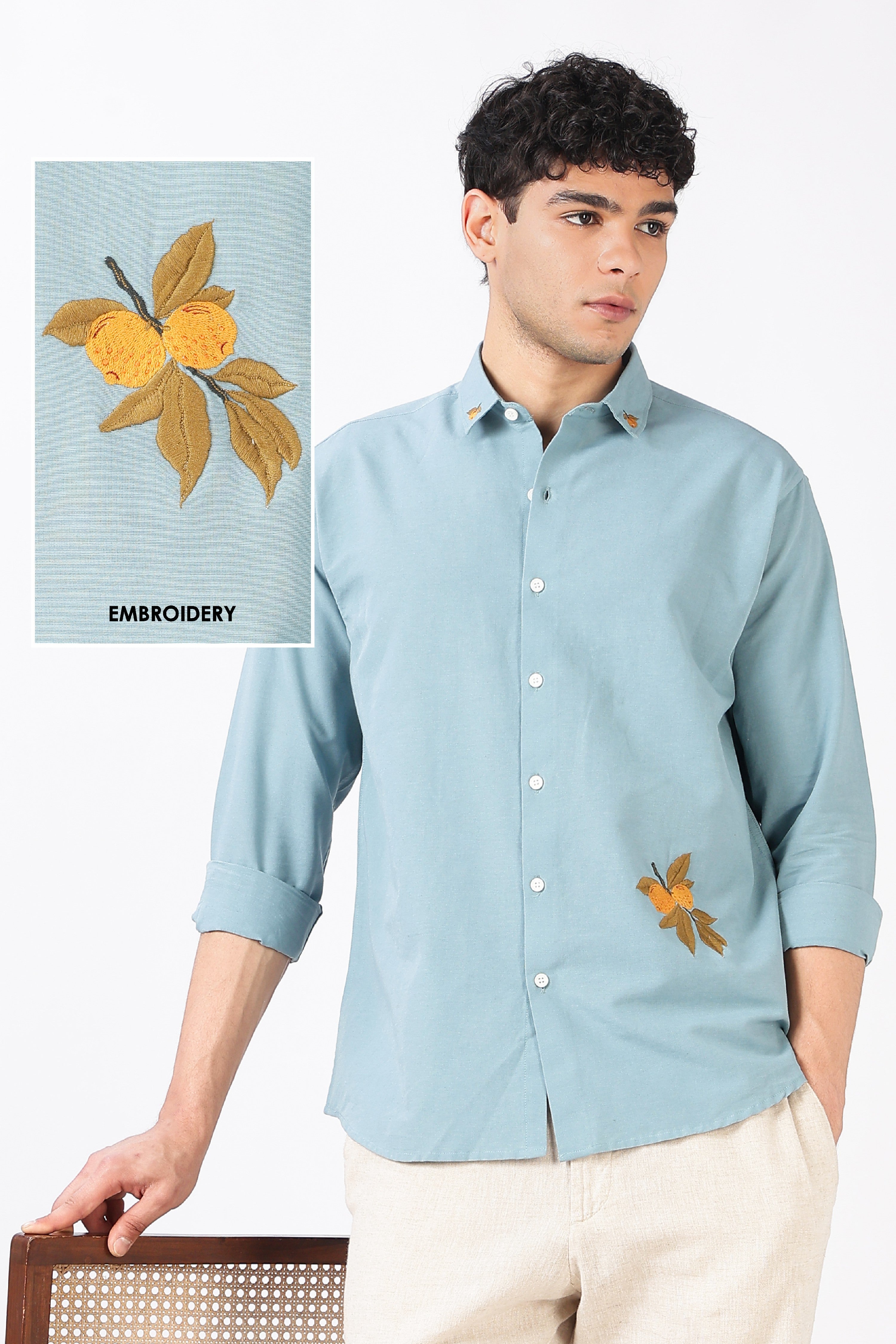 Citrus Grove Cotton Regular Fit Sky Blue Embroidered Shirt