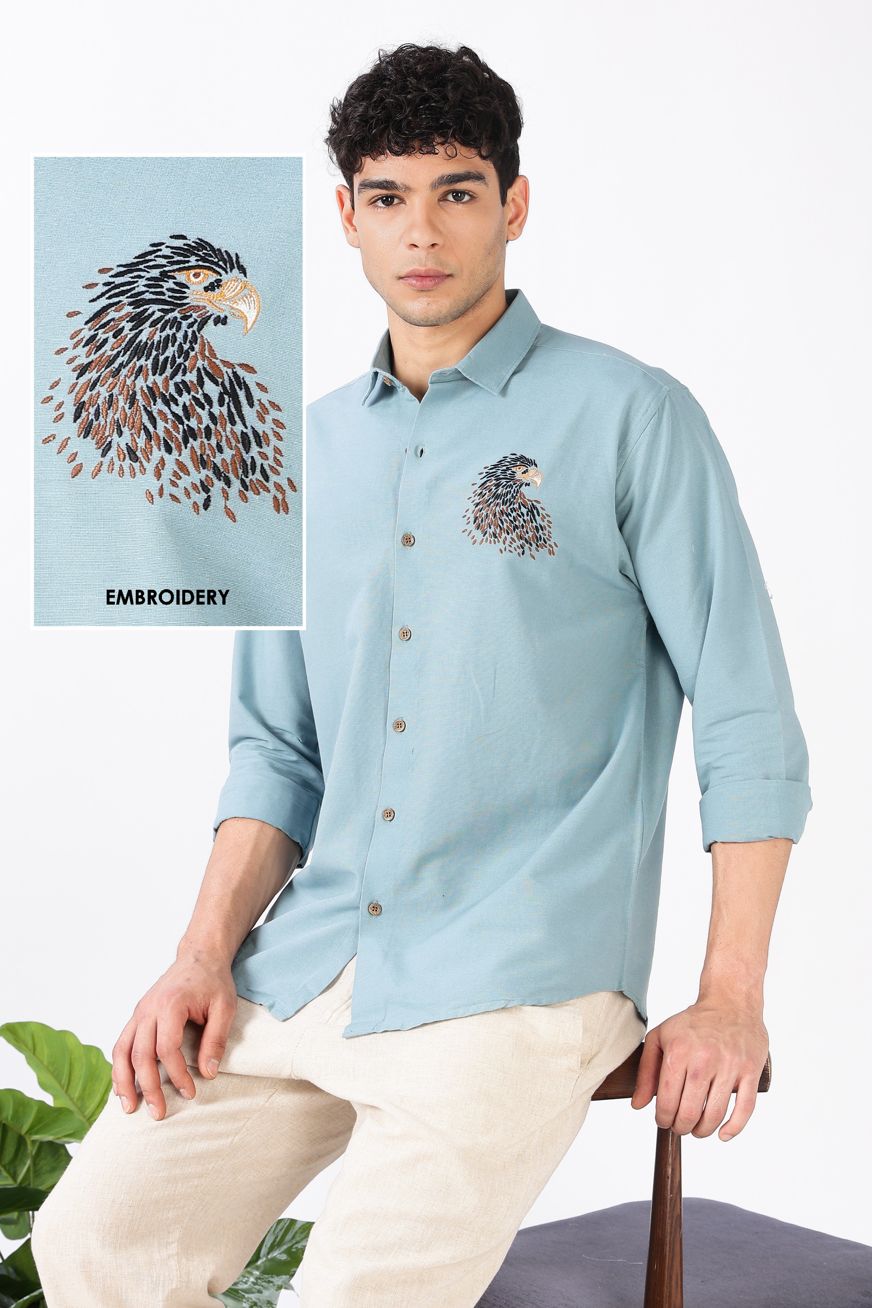 Soaring Eagle Cotton Regular Fit Sky Blue Embroidered Shirt