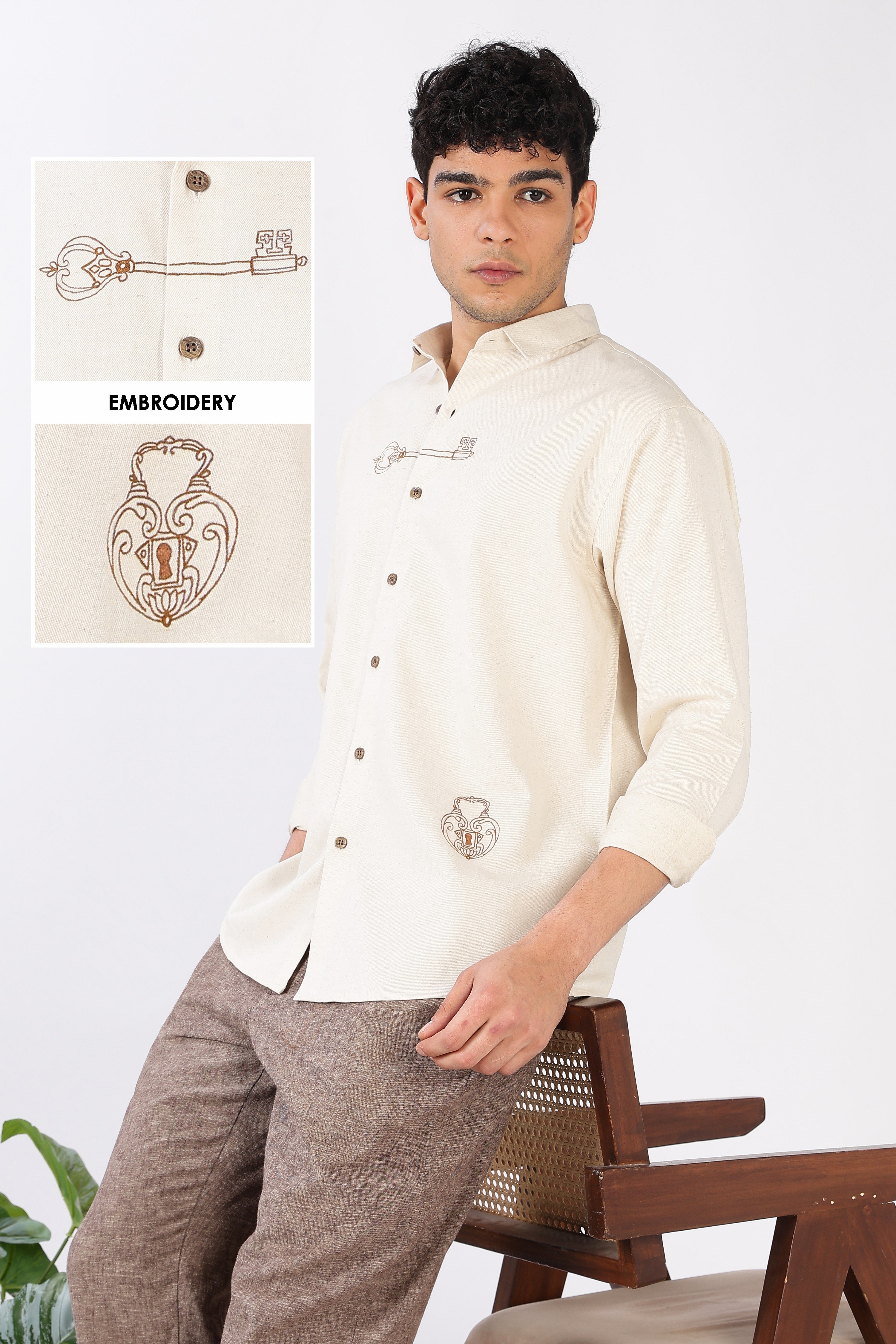 Key & Lock Cotton Regular Fit Beige Embroidered Shirt