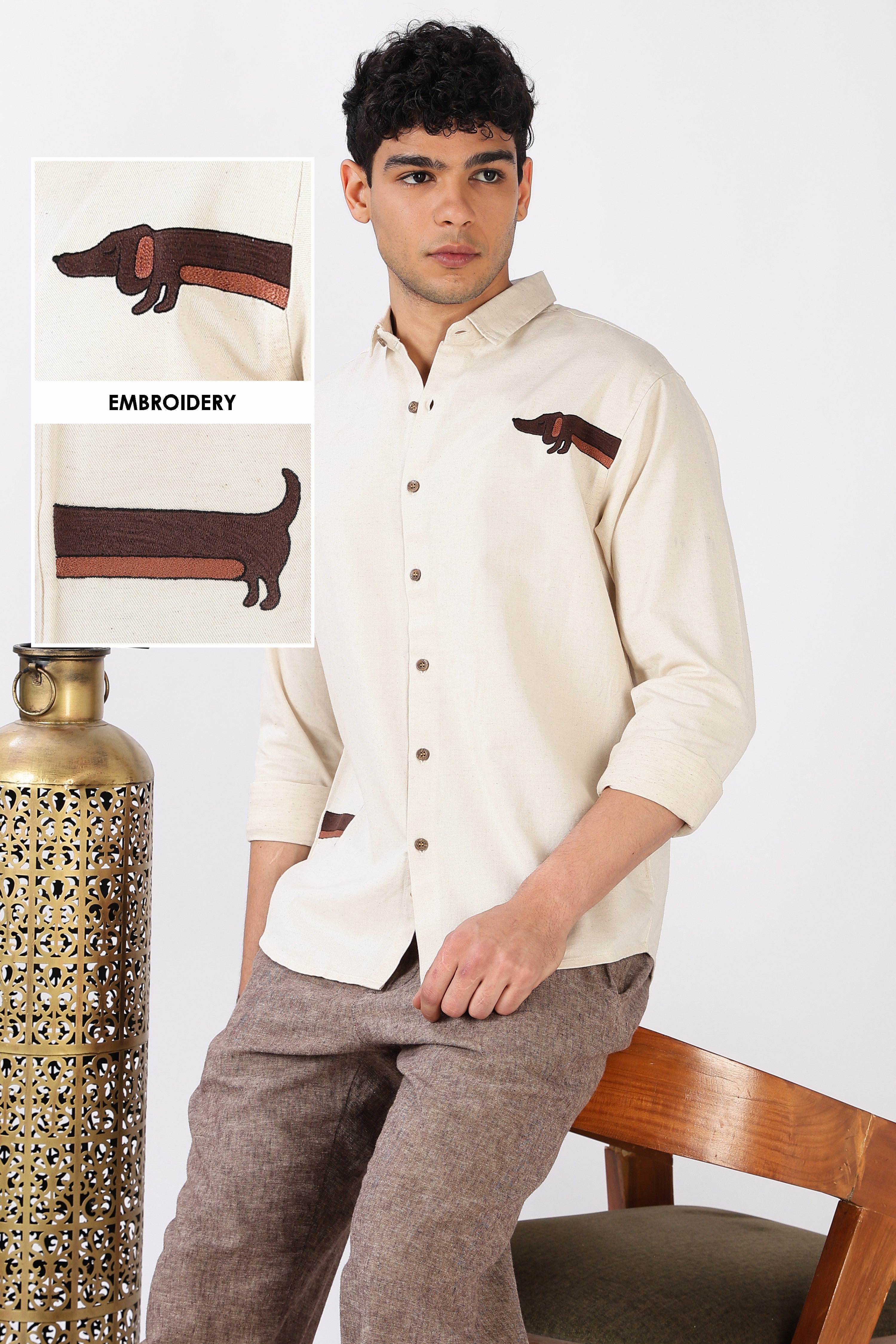 Playful Dachshund Cotton Regular Fit Beige Embroidered Shirt