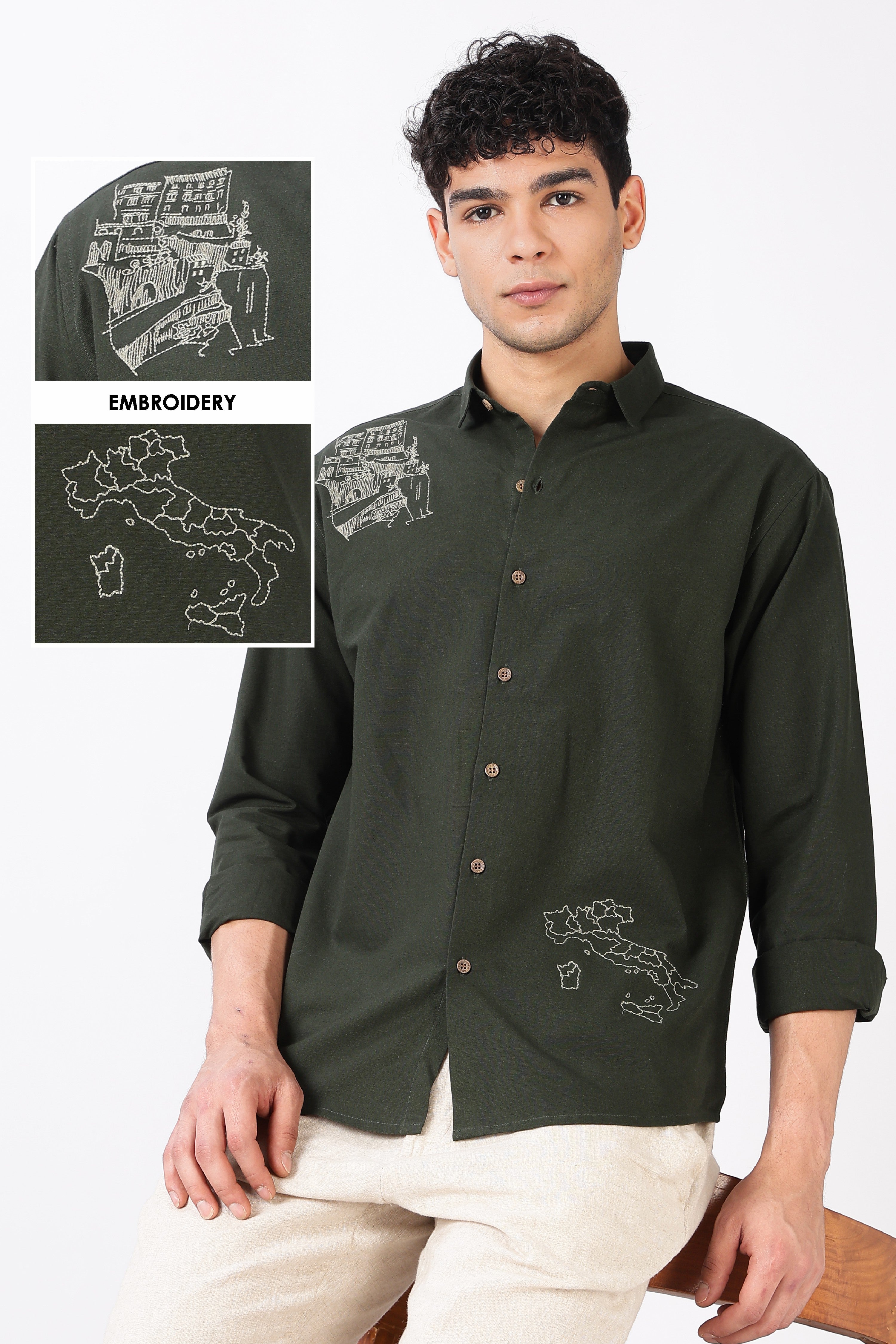 Italian Map Cotton Regular Fit Olive Embroidered Shirt