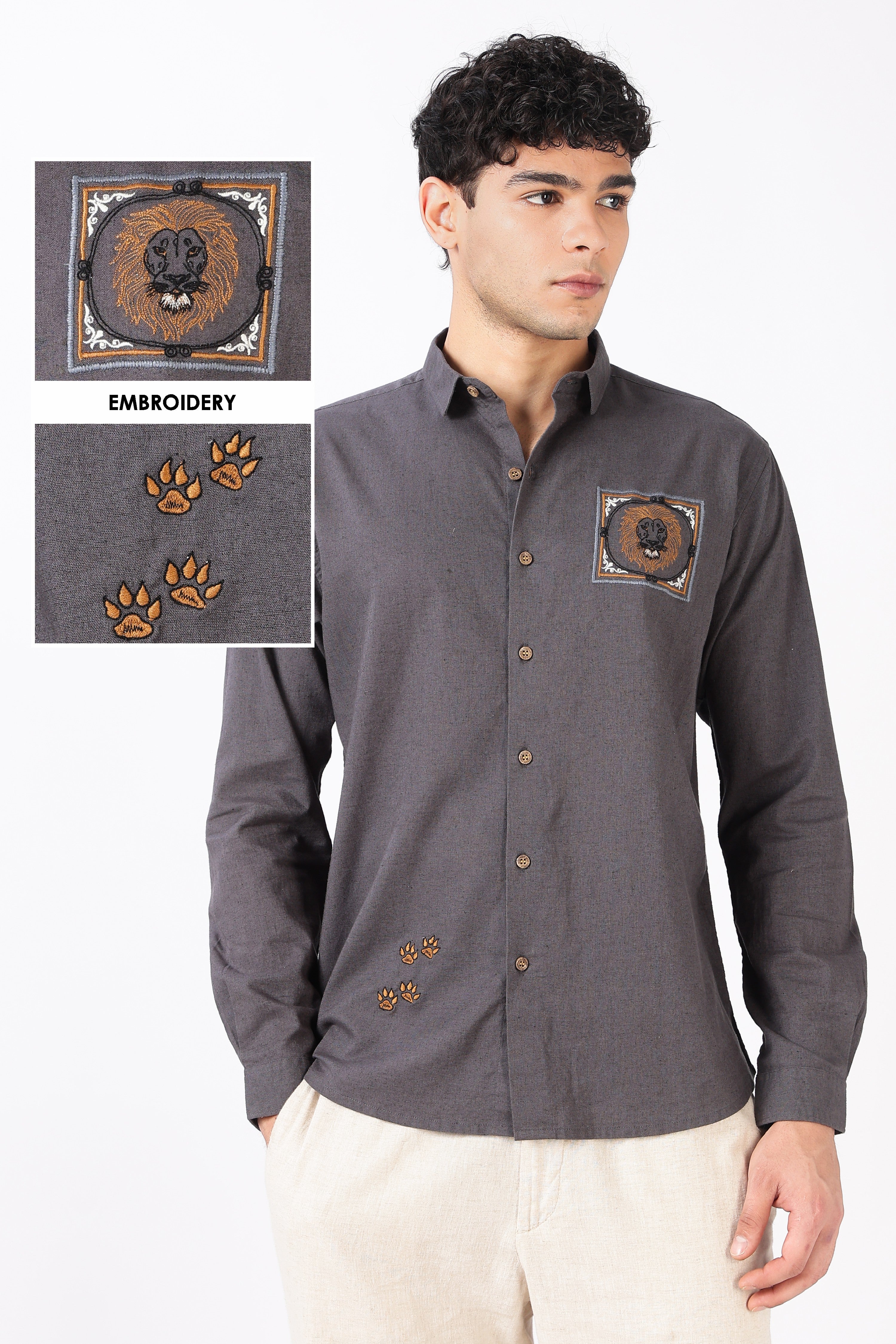 Regal Lion Cotton Regular Fit Gray Charcoal Embroidered Shirt