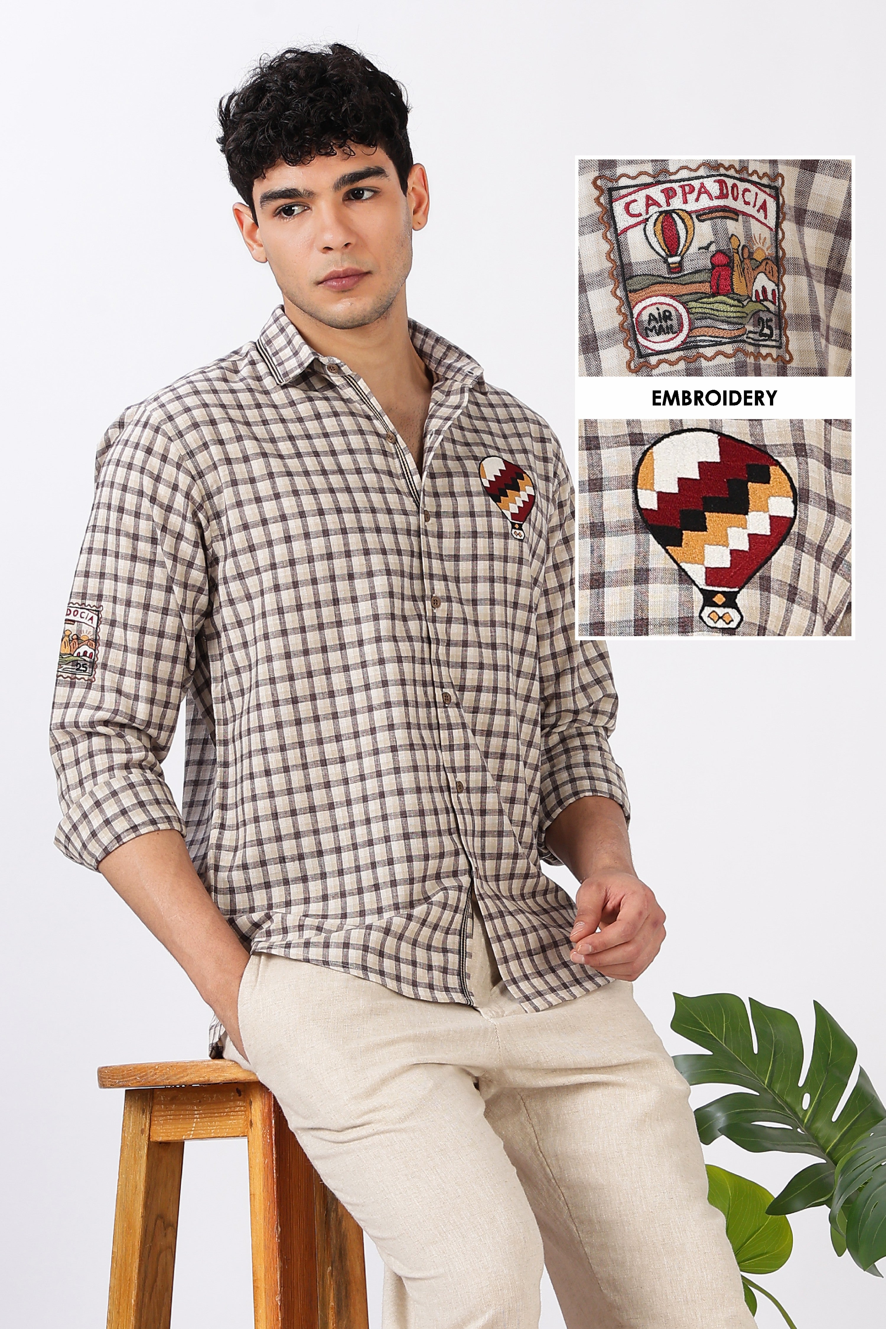 Cappadocia Voyage Cotton Regular Fit Brown Checkered Embroidered Shirt