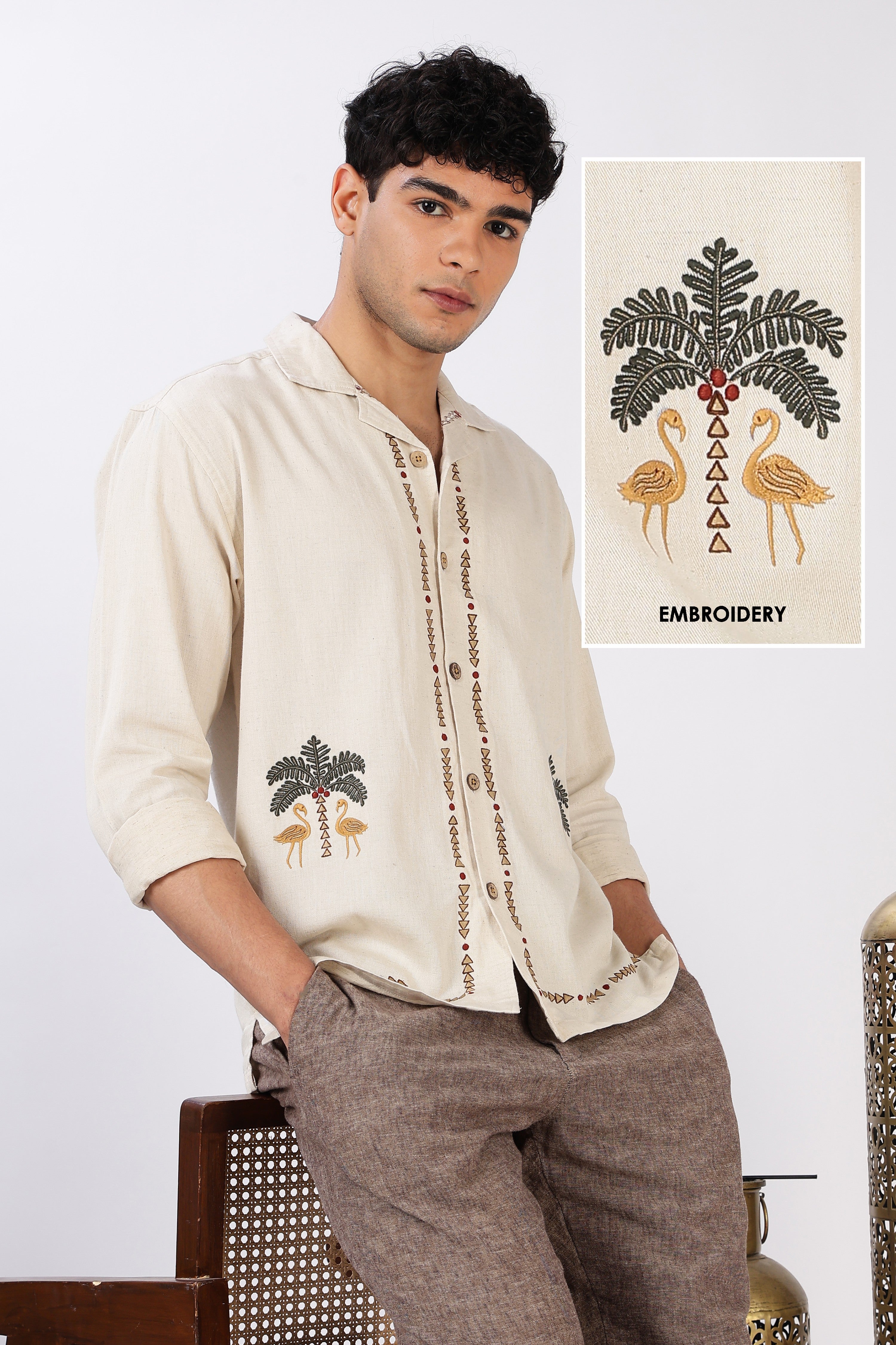 Palm Mirage Cotton Box Fit Beige Embroidered Shirt
