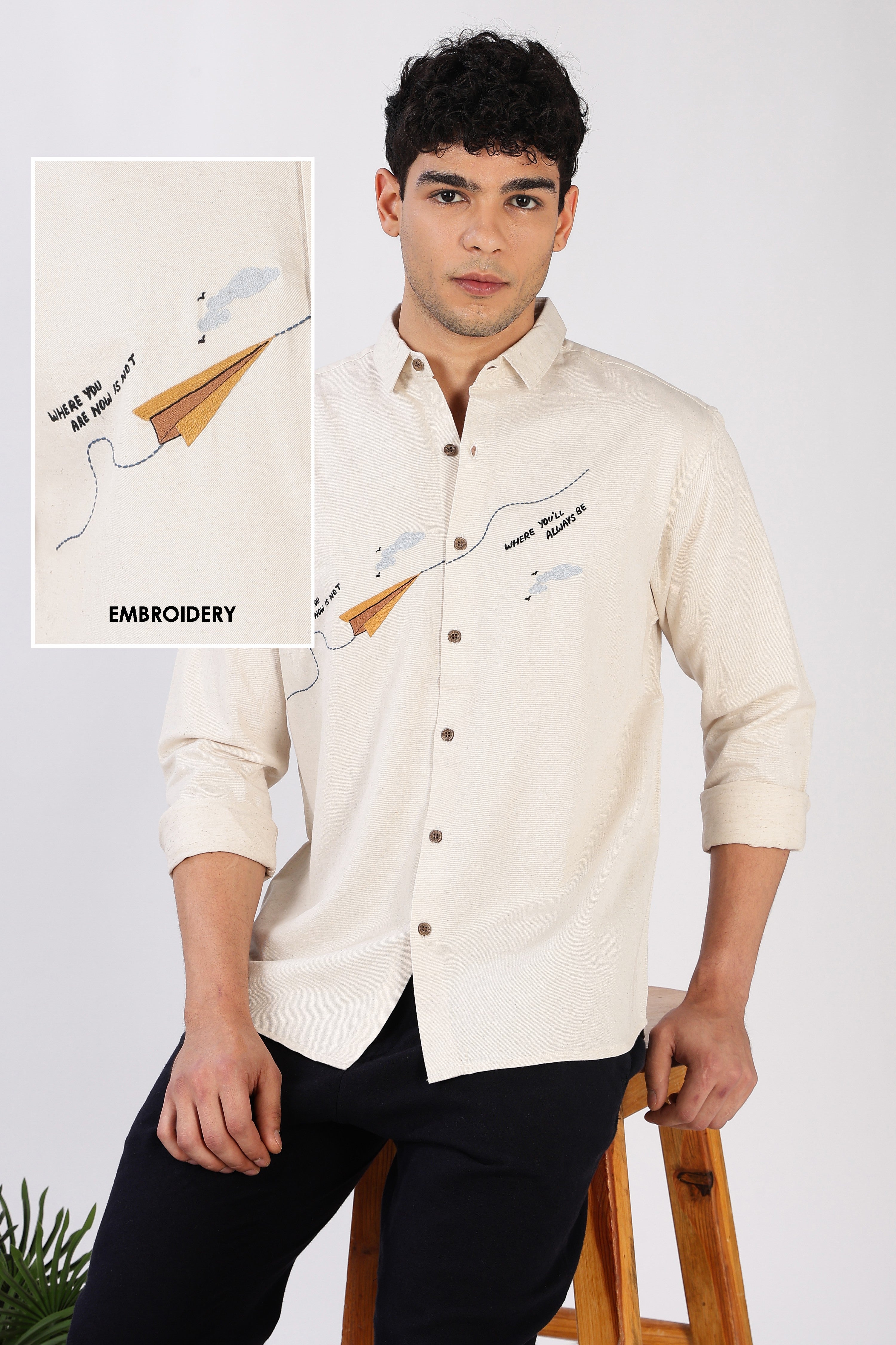 Paper Plane Journey Cotton Regular Fit Beige Embroidered Shirt