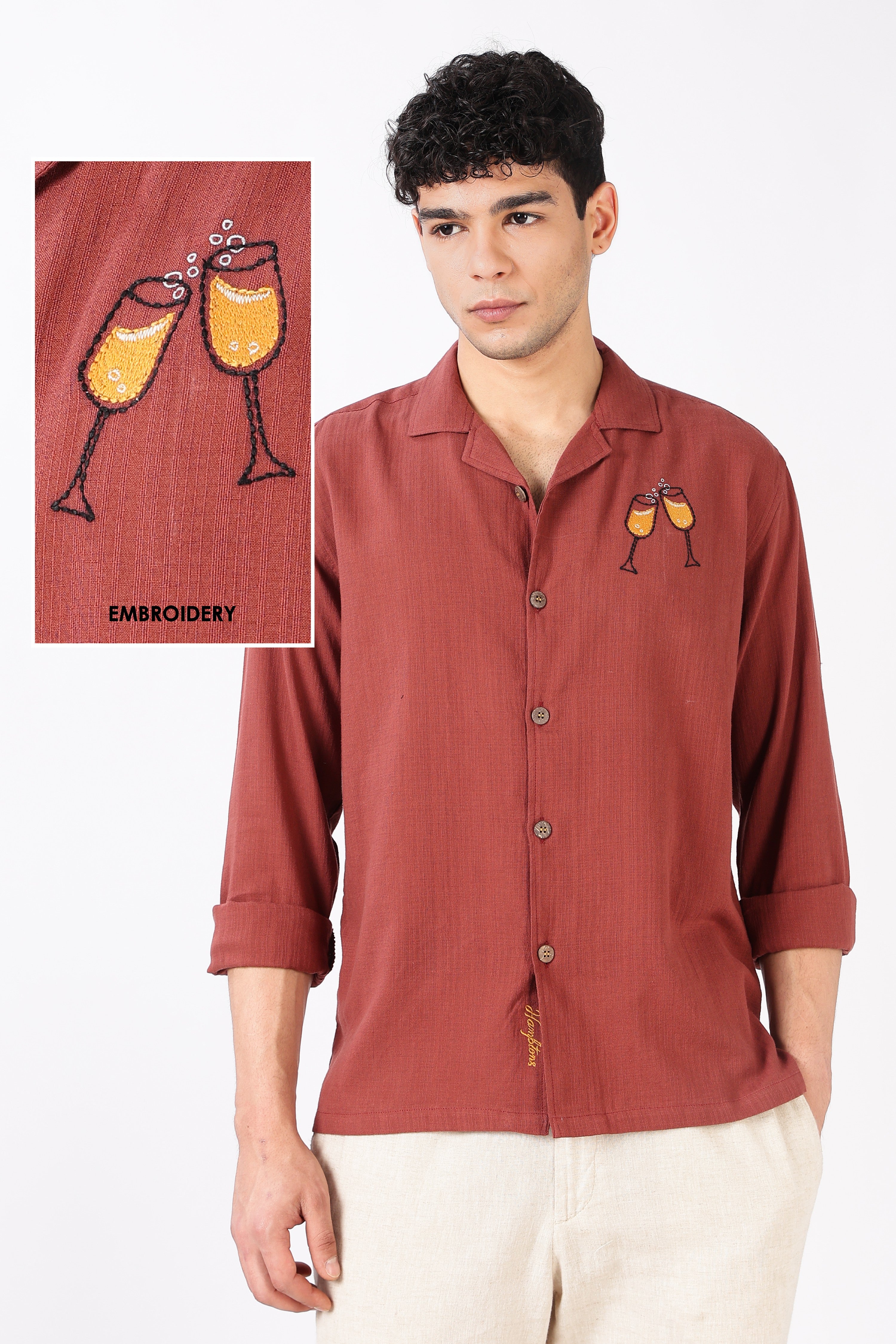 Champagne Toast Cotton Regular Fit Orange Embroidered Shirt