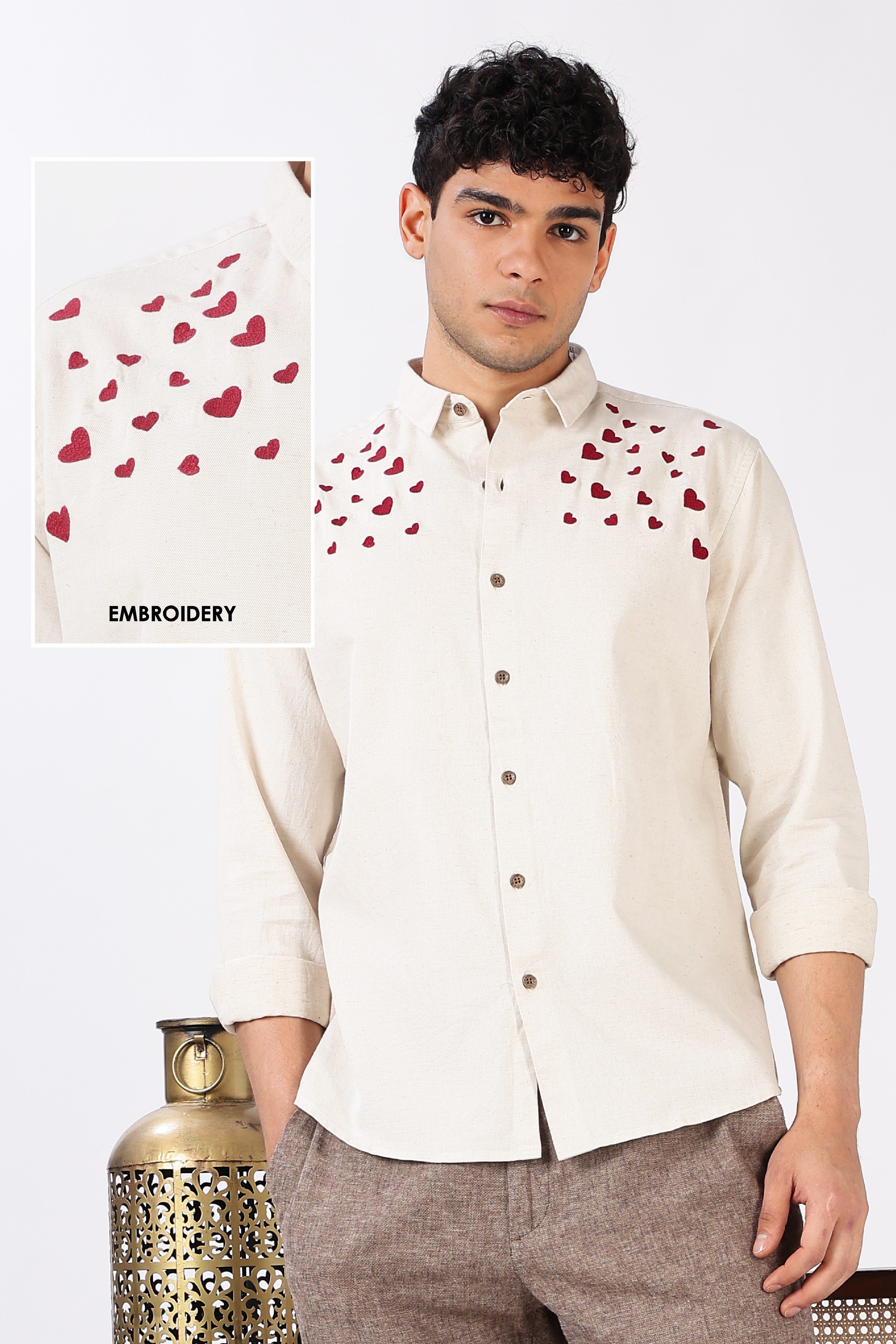 Hearts Flowing Cotton Regular Fit Beige Embroidered Shirt