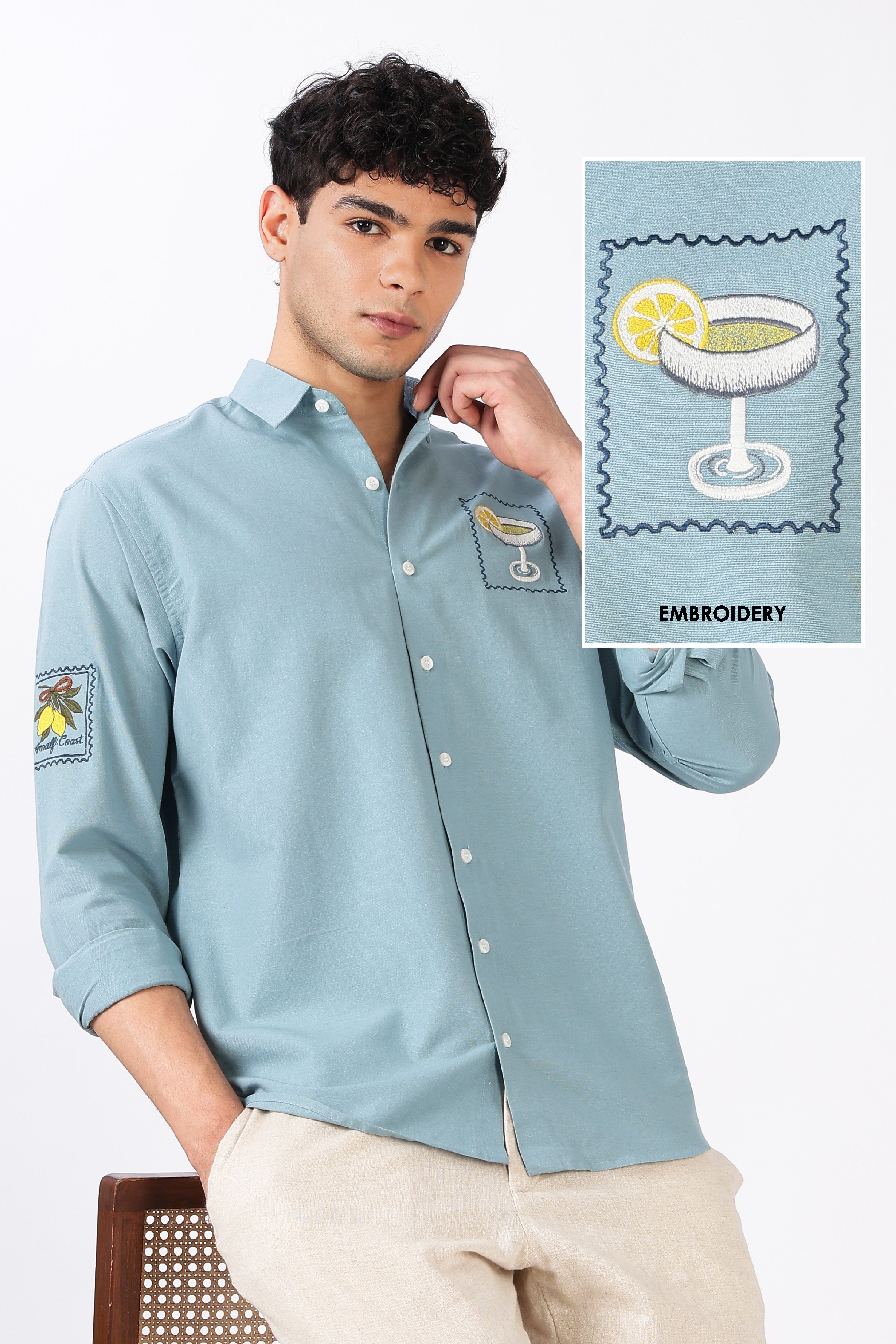 Citrus Cocktail 100% Cotton Regular Fit Sky Blue Embroidered Shirt