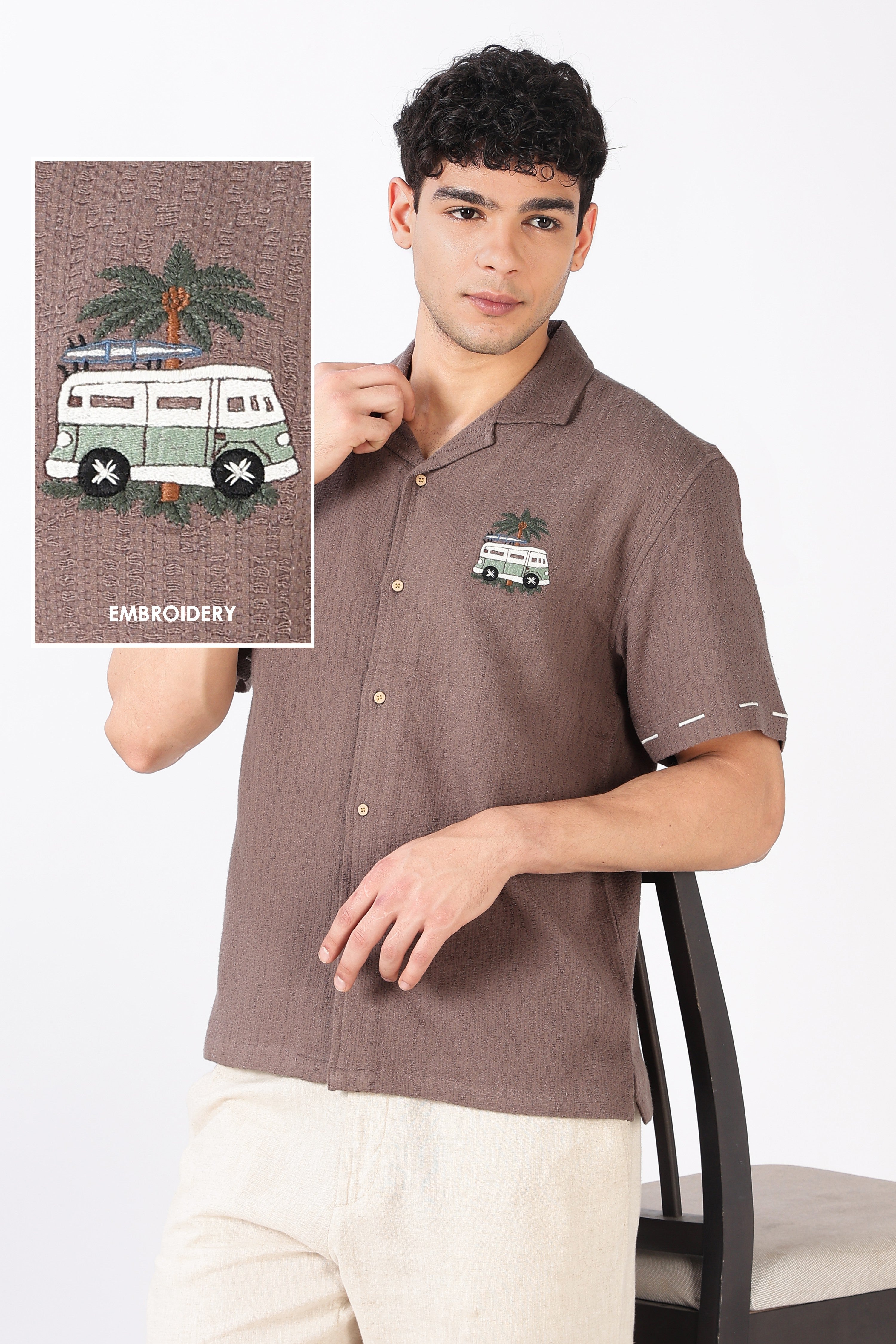 Roadtrip Reverie Box Fit Half Sleeve Taupe Brown Embroidered Shirt