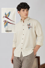 Twin Parrot Cotton Regular Fit Beige Embroidered Shirt