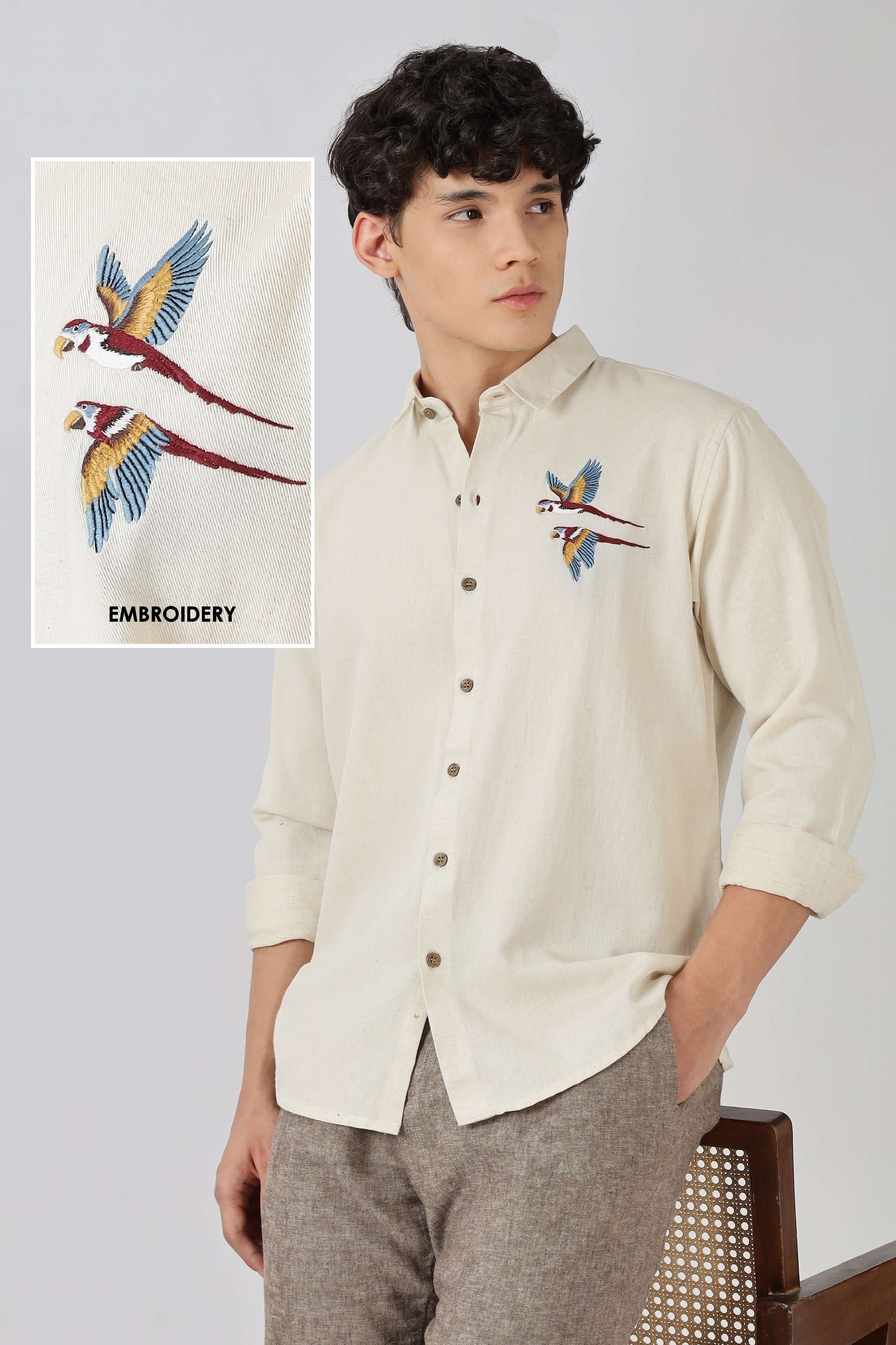Twin Parrot Cotton Regular Fit Beige Embroidered Shirt