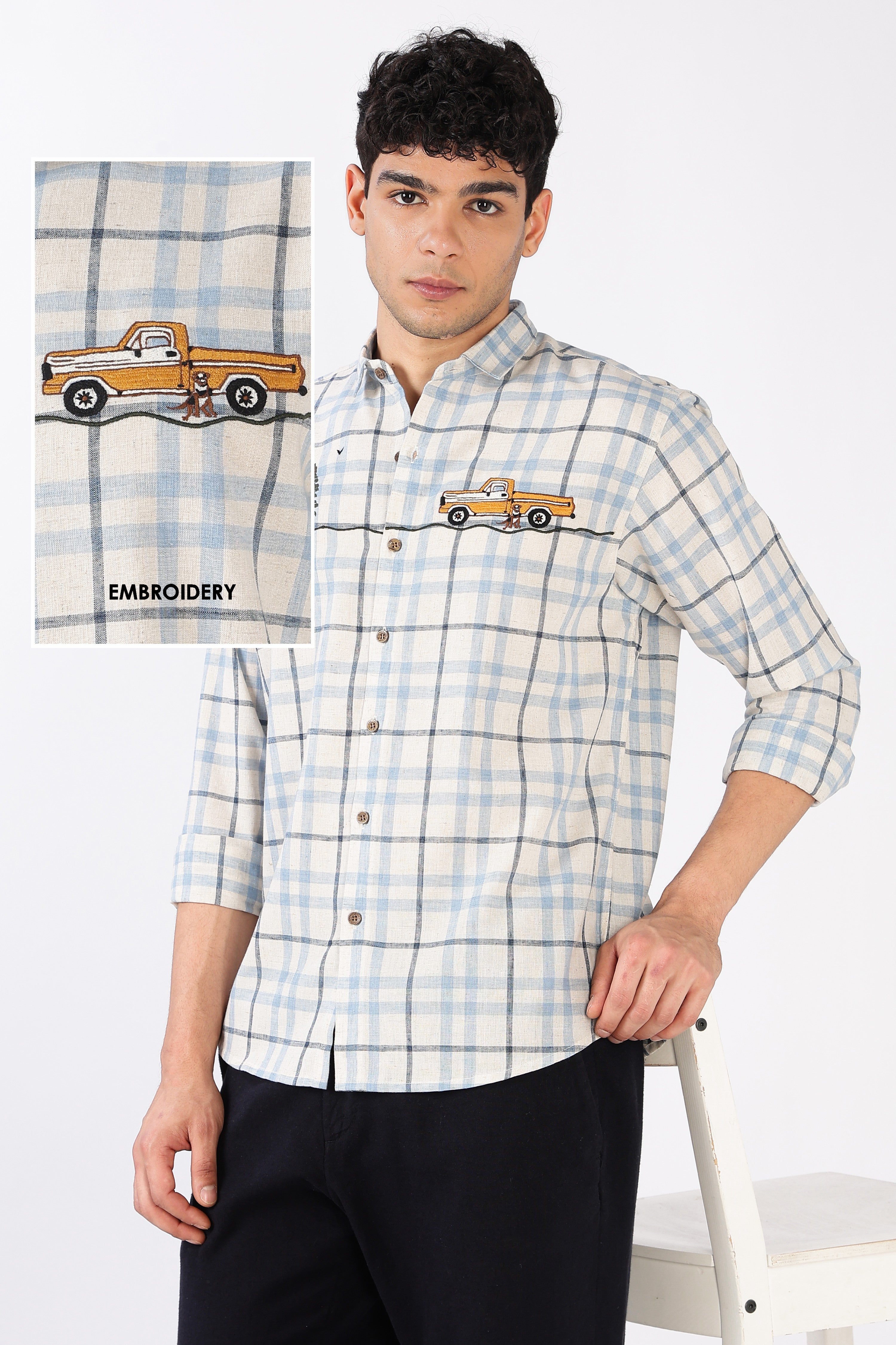 Road Long Drive Cotton Regular Fit Blue Checkered Embroidered Shirt