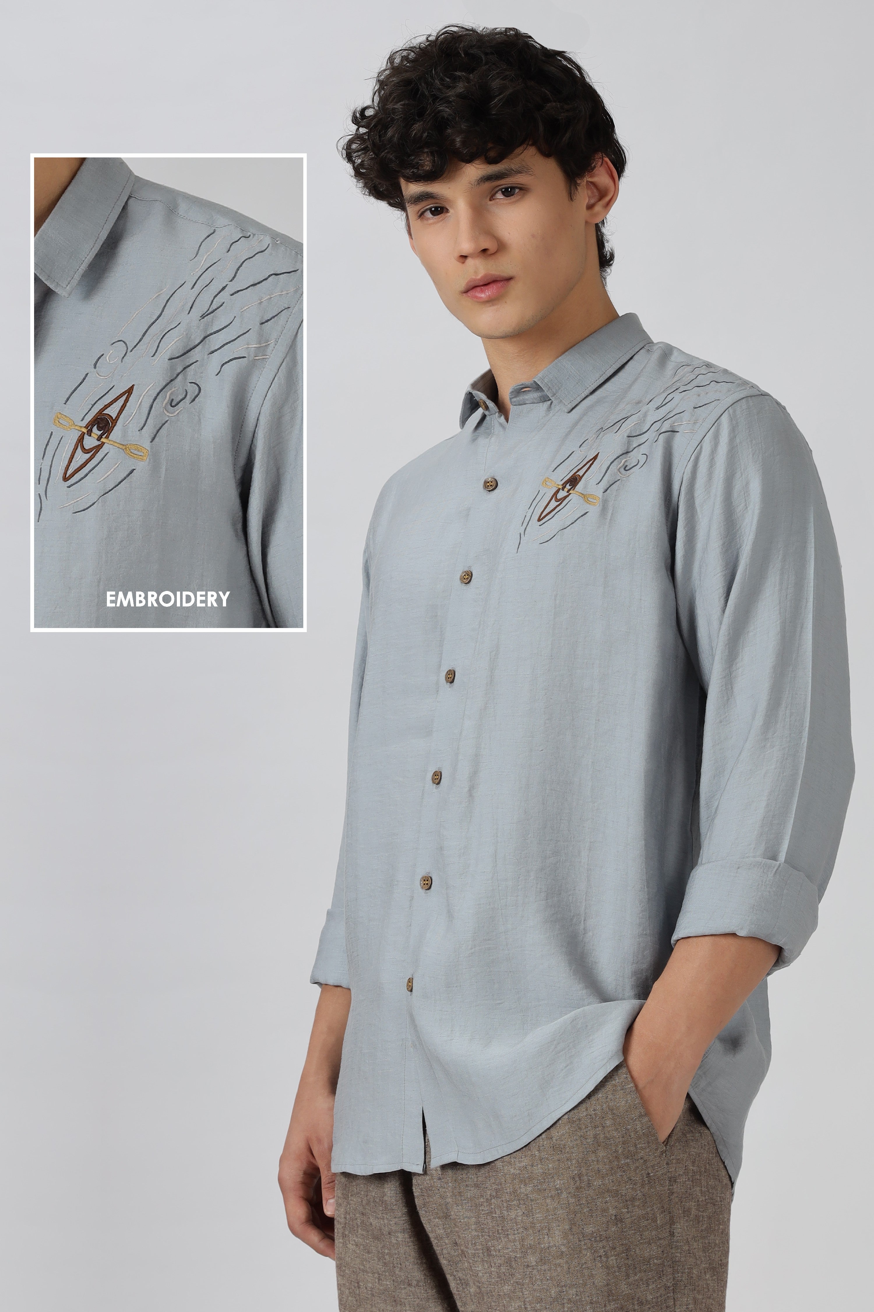 Driftwood Kayak Cotton Regular Fit Pool Blue Embroidered Shirt