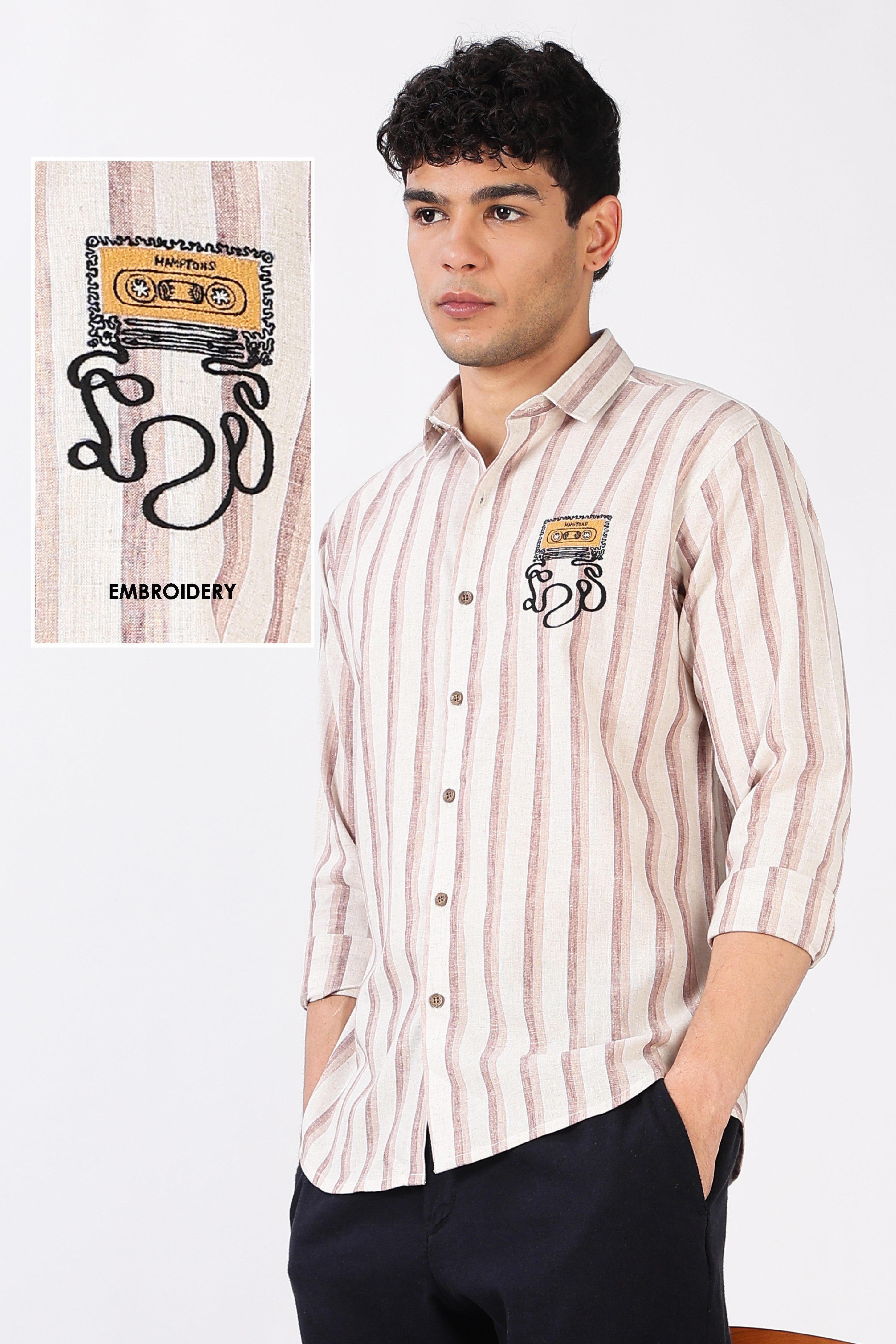 Rewind Rhythm Cotton Regular Fit Pink Striped Embroidered Shirt