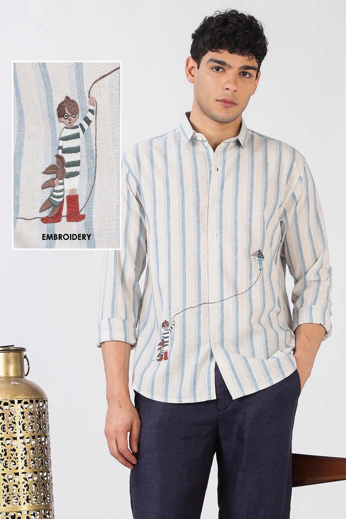 Boy with Dreams Designer Cotton Regular Fit Striped Embroidered Shirt